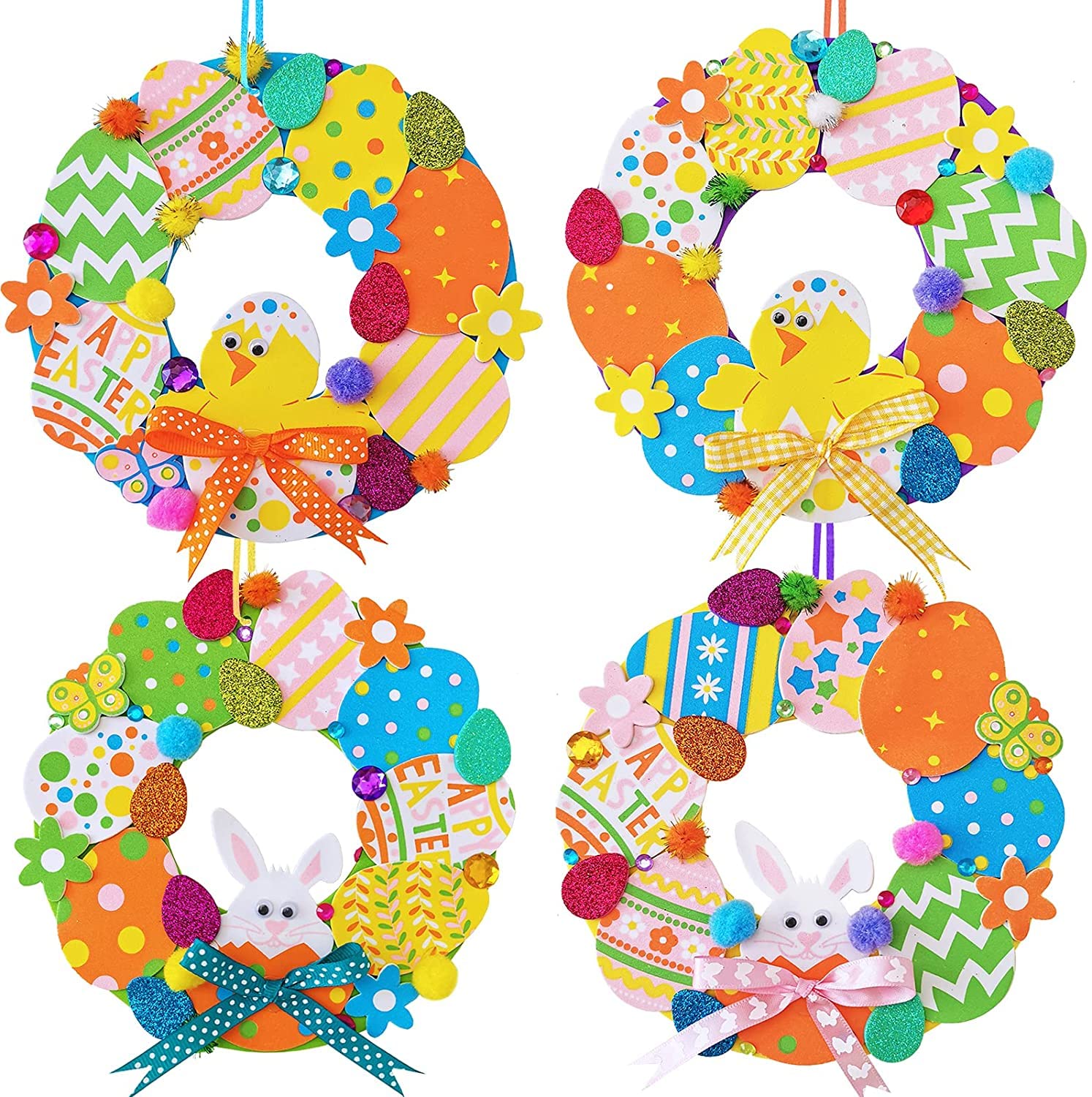 12 Sets DIY Easter Wreath Craft Kit with Foam Stickers, Pom-Poms & Googly Eyes - Bunny & Chick Decorations for Kids Classroom, Home Art Projects, Easter Party Favors & Front Door Décor - Perfect for Spring Celebrations & Holiday DIY Activities