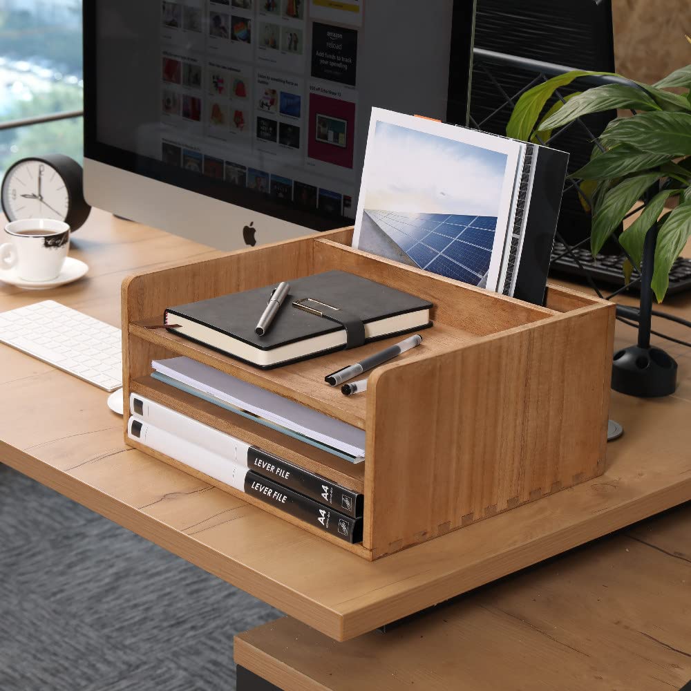 3 Tier Wooden Desktop Letter Tray - Office Desk Organizer with File Folder Holder | Paper Document Mail Sorter for Workspace, Counter & Bookshelf Storage | Perfect for Home Office, School & Professional Workspaces