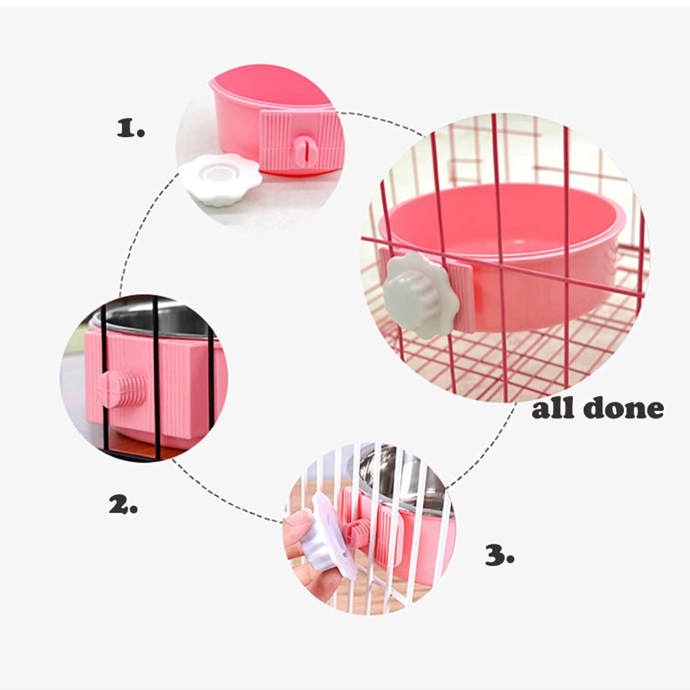 Love Dream Crate Removable Stainless Steel Hanging Pet Bowls - Food & Water Feeder for Kennel, Cage, Coop - Perfect for Cats, Dogs, Rabbits & Small Animals (Large, Pink) - Ideal for Travel, Camping & Home Use