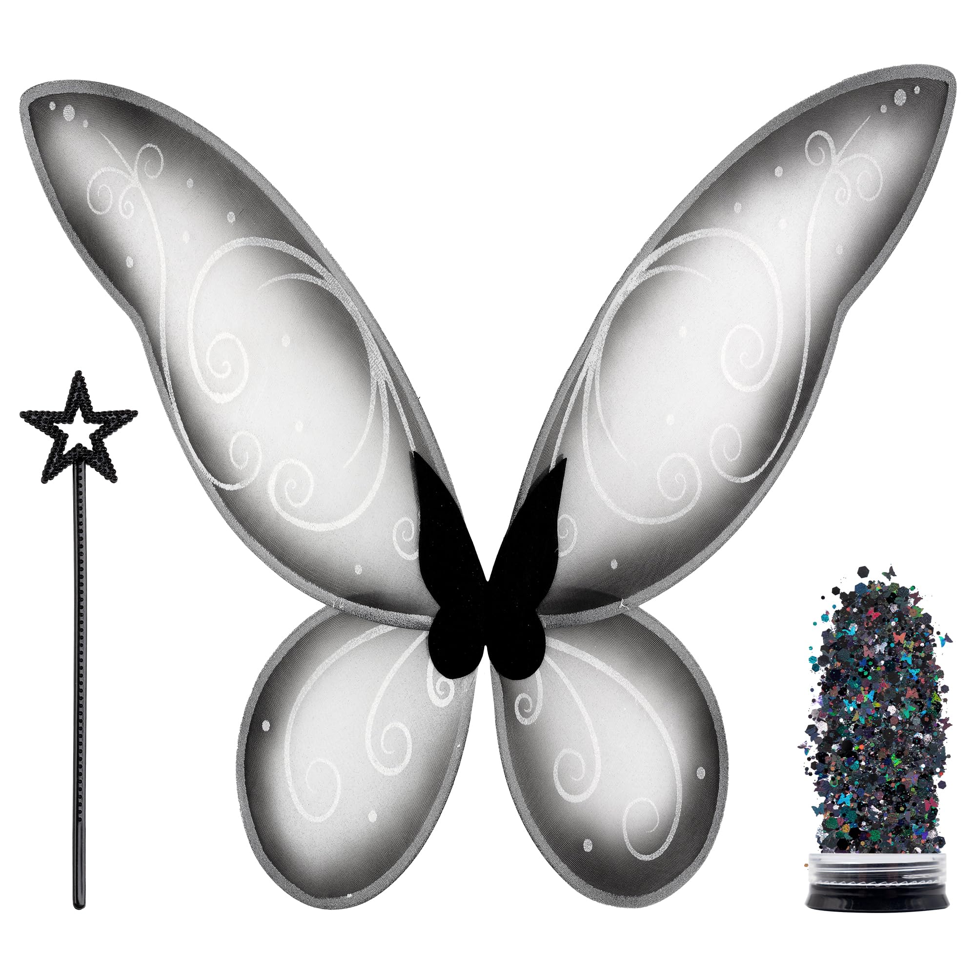 Funcredible Black Fairy Wings, Fairy Wand & Glitter Set - Premium Fairy Costume Accessories for Women & Girls - Perfect for Halloween, Cosplay, Themed Parties & Fantasy Dress-Up