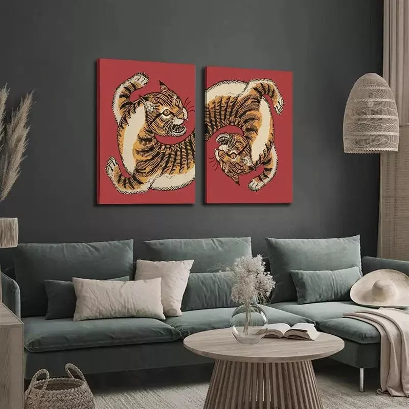 2Pcs Tiger Retro Decorative Canvas Painting - Framed Wall Art 50x75cm | High Quality Print | 100% Australian Made | Ready to Hang | Perfect for Living Room, Bedroom & Office Decor