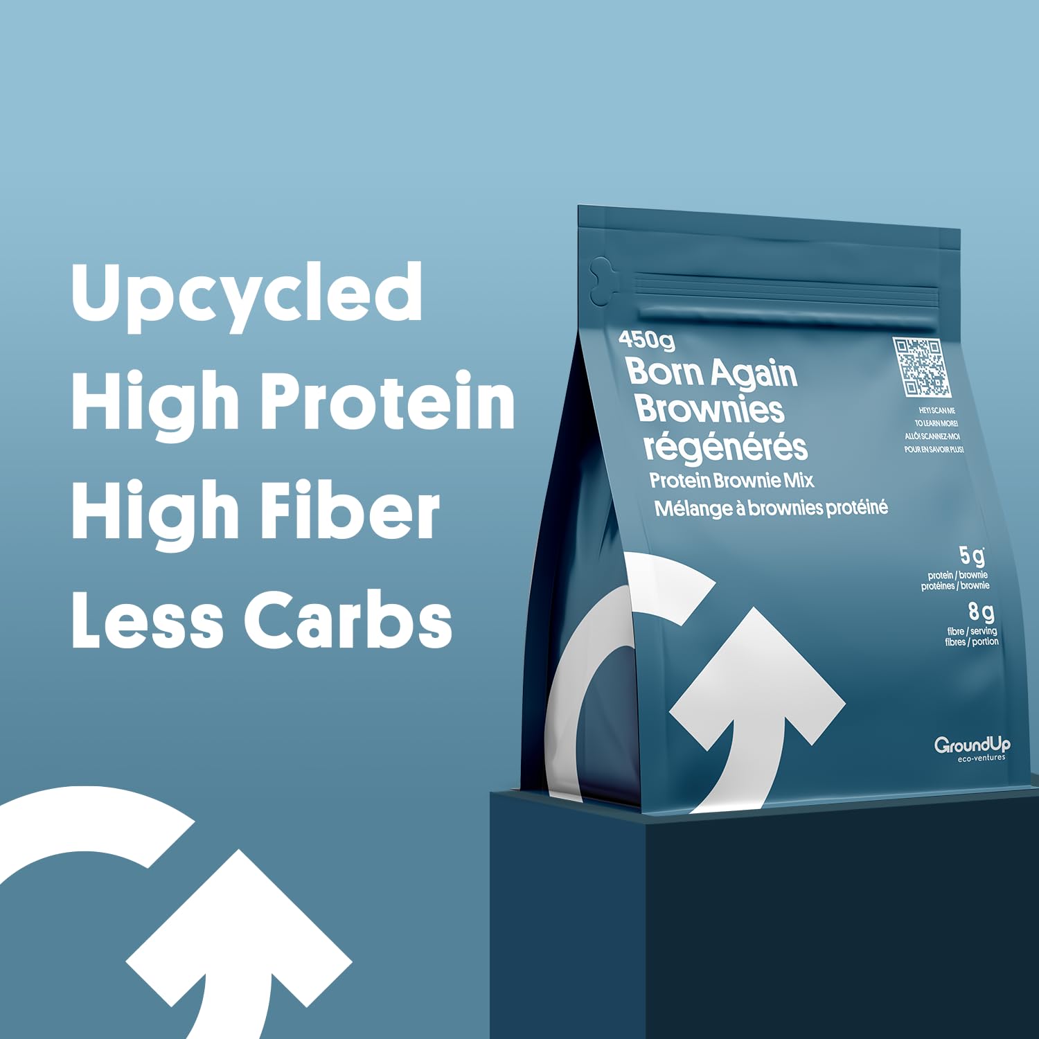 GroundUp Born Again Protein Brownie Mix - High Protein, High Fiber, Low Carb Vegan Brownies with Upcycled Ingredients (15.8oz/450g) - Perfect for Post-Workout Recovery, Healthy Snacking & Plant-Based Diets