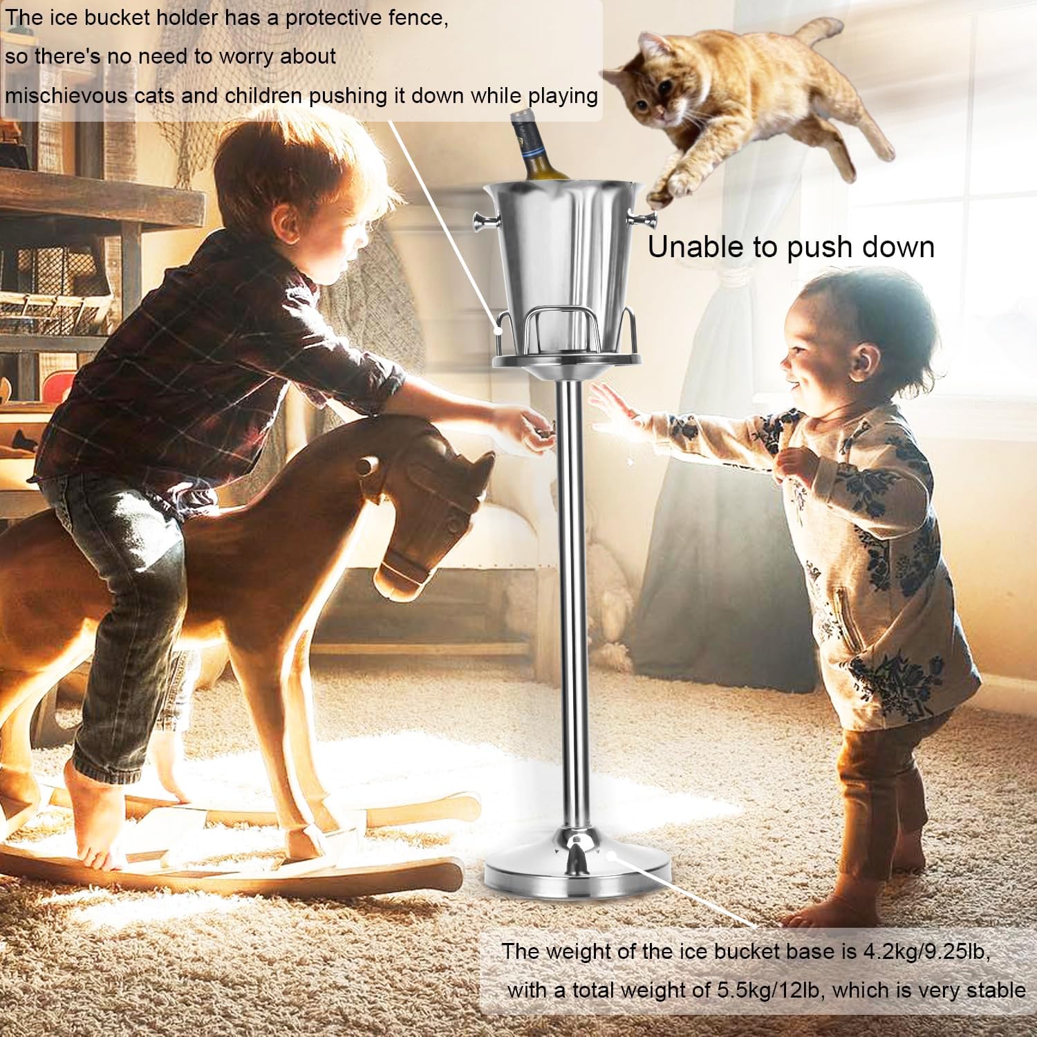 Stainless Steel Champagne Ice Bucket with Stand - 12Lb Capacity Hammered Wine Chiller for Party, Bar, KTV, BBQ & Home Decor (3ft Tall, Silver, 1 Pack) - Perfect for Weddings, Cocktail Parties & Outdoor Entertaining
