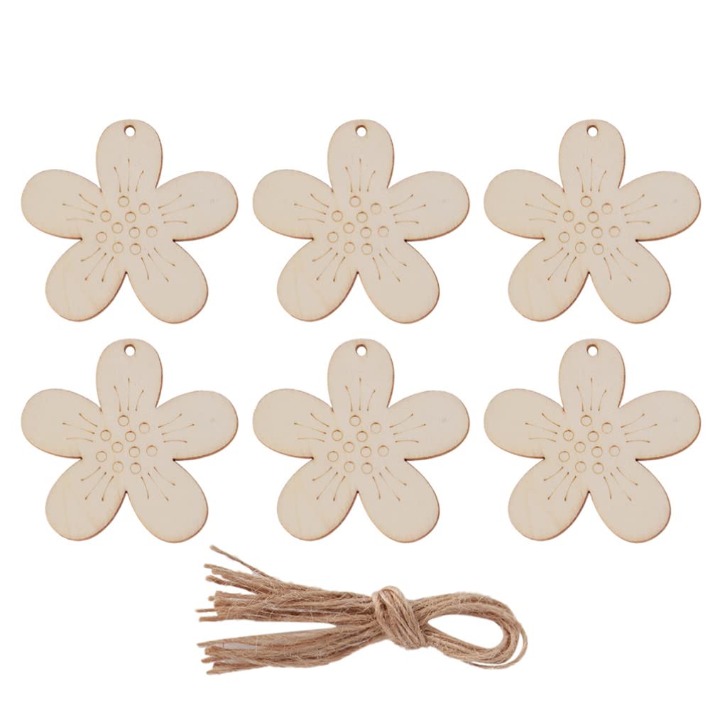 10pcs Wooden Flower Cutouts - DIY Craft Hanging Ornaments with Hemp Ropes & Gift Tags for Valentine's Day, Mother's Day, Easter Party Decorations - Perfect for Home, Garden, Wedding & Baby Shower Decor