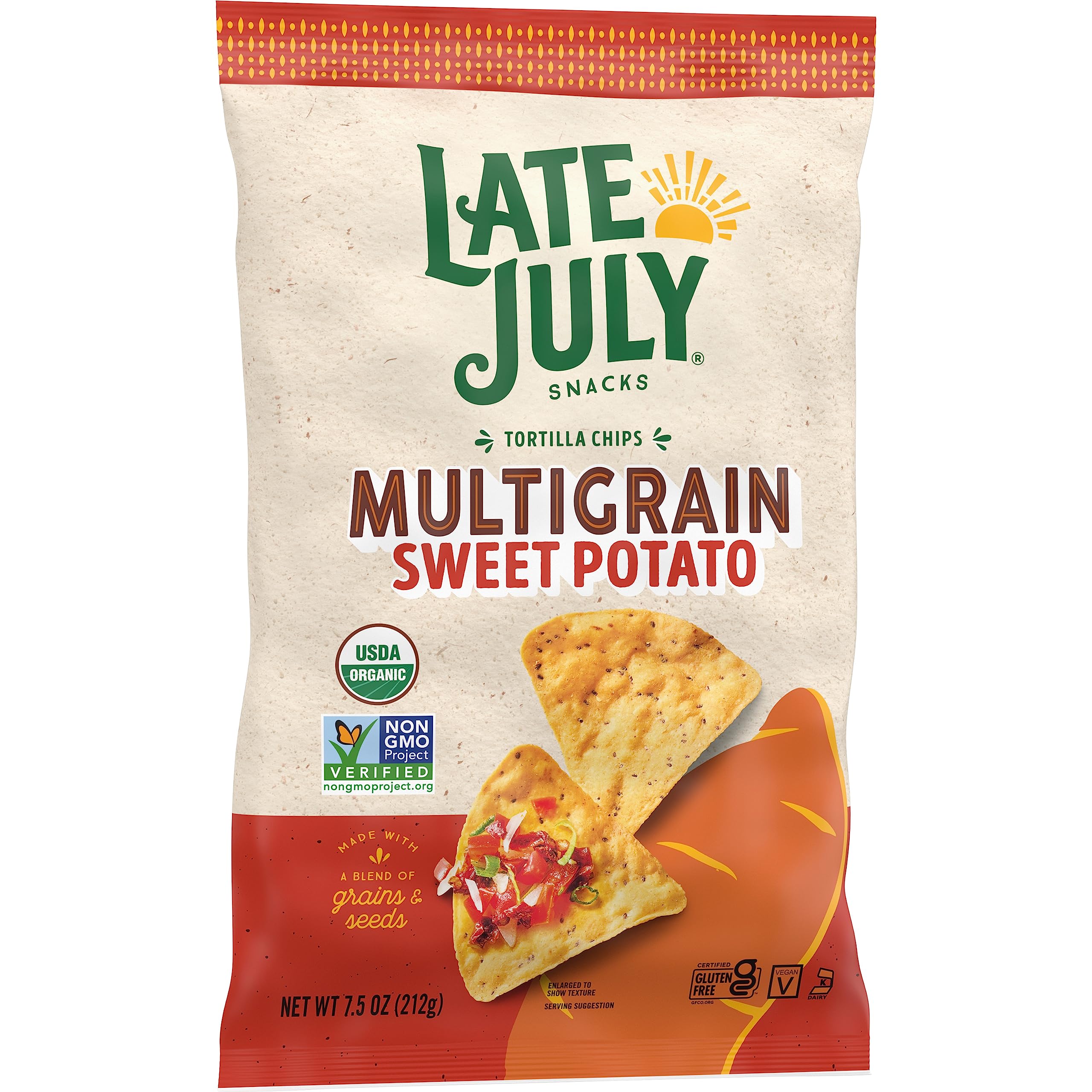Organic Multigrain Sweet Potato Tortilla Chips by Late July - Gluten Free, Non-GMO, Vegan Snacks - 7.5oz Bags (Pack of 12) - Perfect for Parties, School Lunches & Healthy On-the-Go Snacking