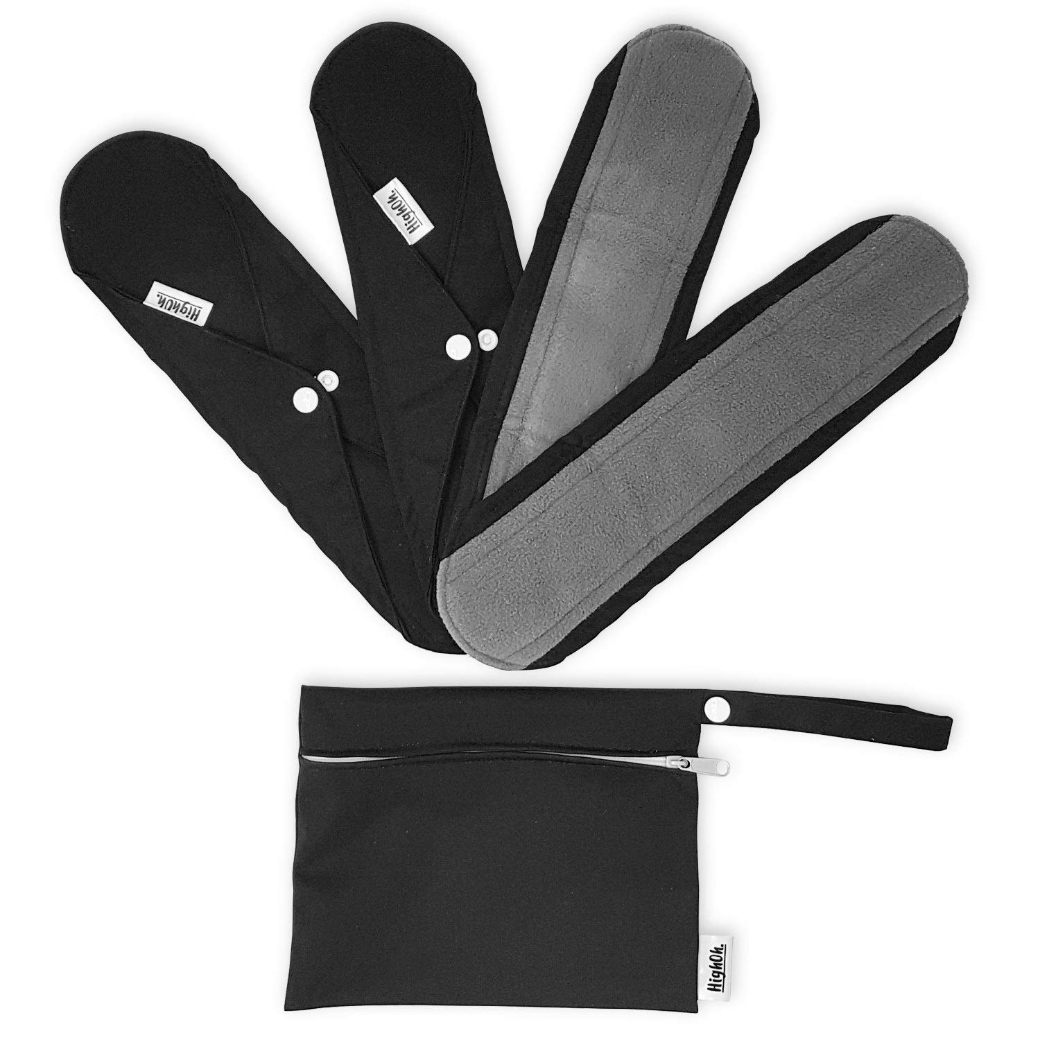 HighOh™ Reusable Sanitary Pads - Soft Washable Bamboo Charcoal Menstrual Pads for Heavy Flow & Incontinence | Overnight Long Absorbency | Includes 4 Pads + 1 Waterproof Wet Bag | Perfect for Travel, Workouts & Nighttime Protection