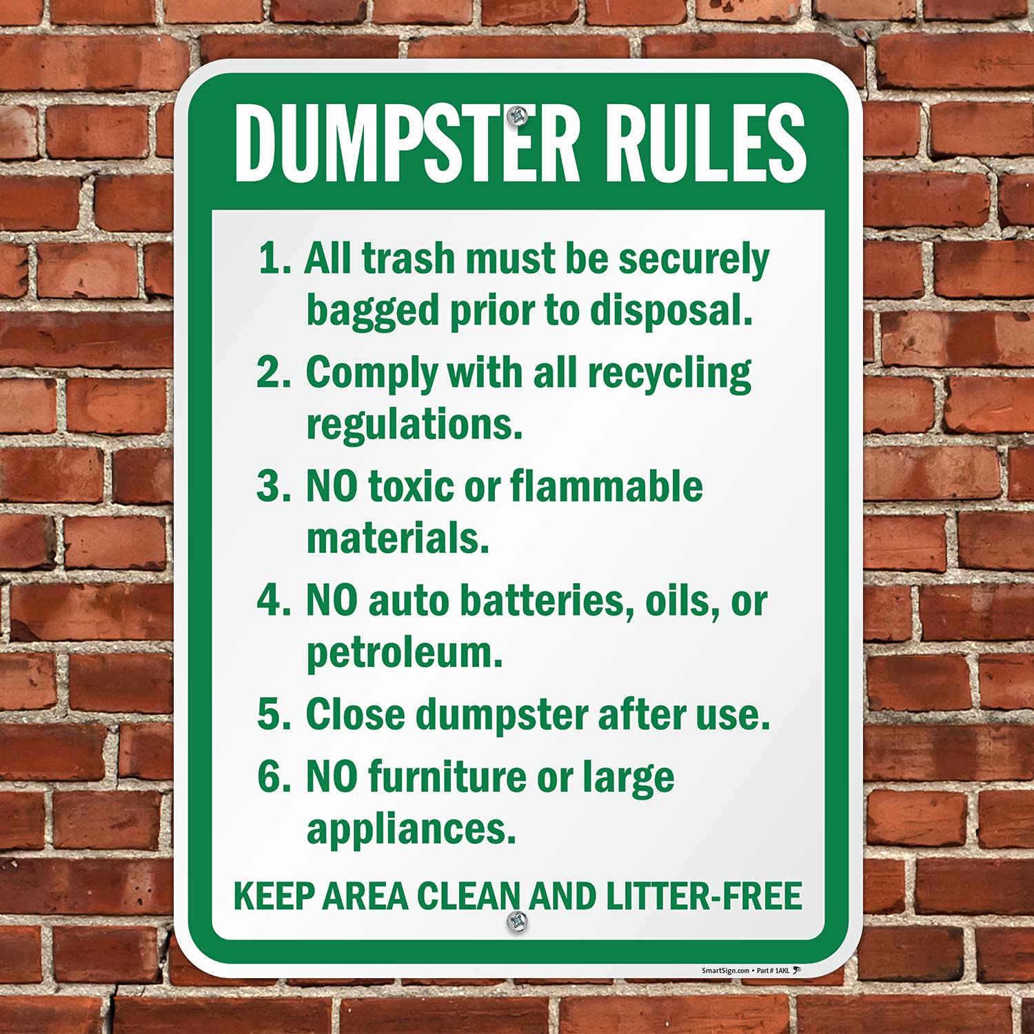 SmartSign 24 x 18 Inch Dumpster Rules Metal Sign - Keep Area Clean & Litter-Free | 80 Mil Rustproof Laminated Aluminum Sign | Green & White | Perfect for Waste Management Areas, Recycling Centers & Commercial Properties
