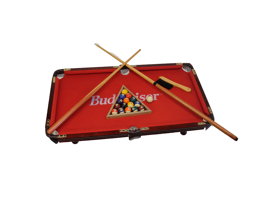Budweiser Mini Pool Table Set - Complete with 2 Cues, Legs, Balls & Rack - Vintage Style Bar Decor for Game Rooms & Man Caves