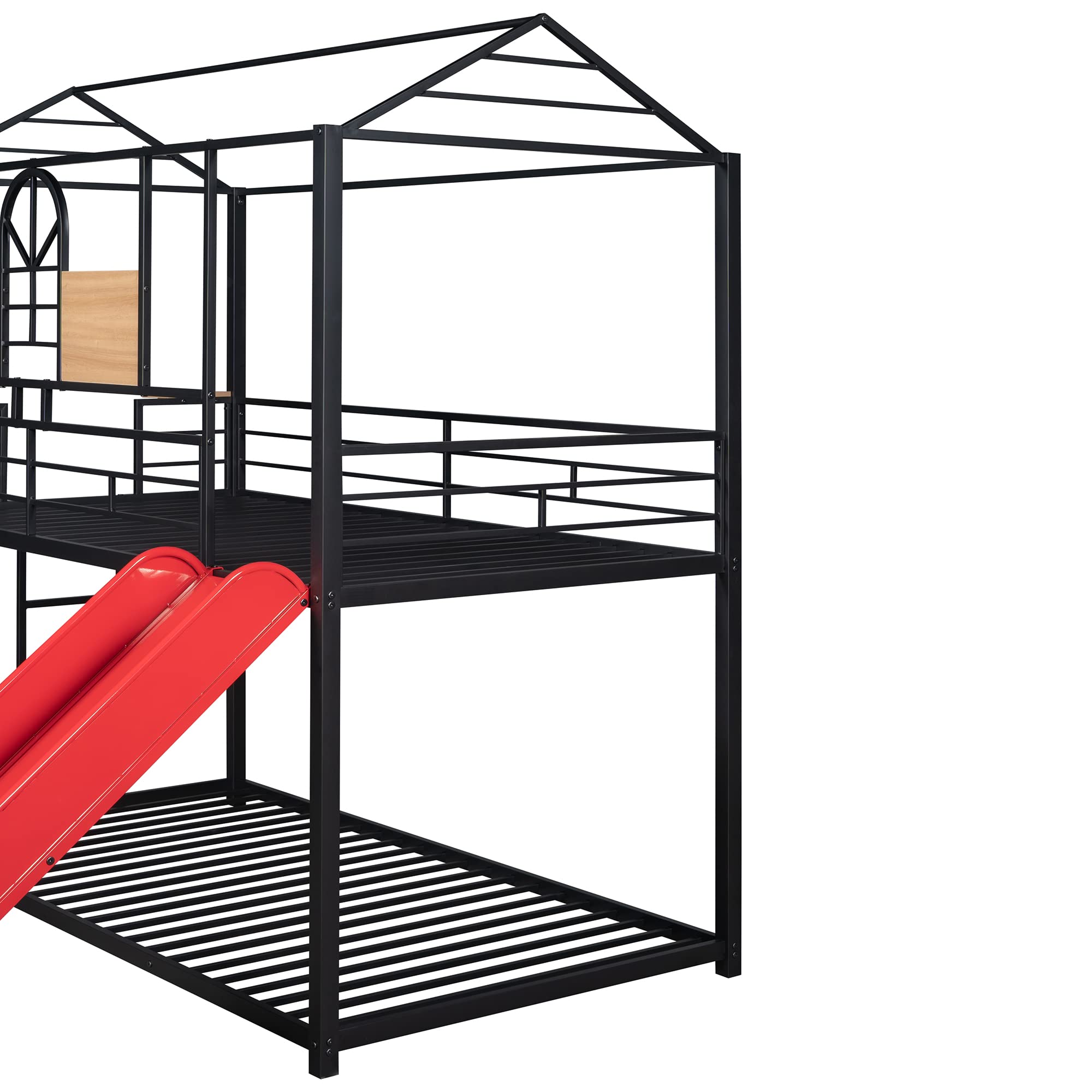 Metal Twin Over Twin Bunk Bed Frame for Kids & Toddlers - Low Profile Cabin Style with Ladder & Fun Slide - No Box Spring Needed (Black/Red) - Perfect for Small Bedrooms, Shared Kids' Rooms & Vacation Homes