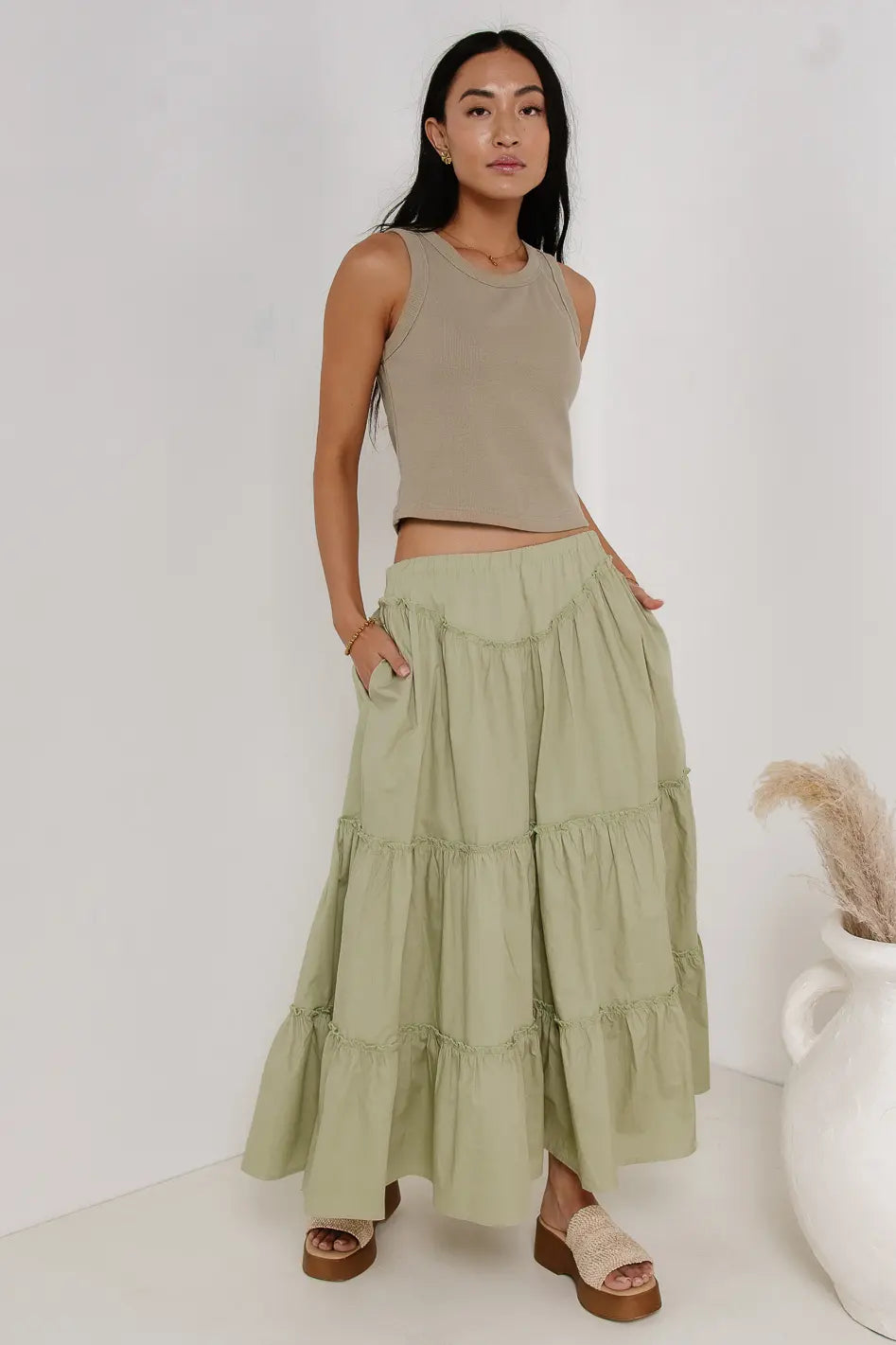 Layana Women's Flowy Sage Green Tiered Maxi Skirt - Boho Chic Long Skirt for Summer, Beach, Vacations & Casual Outings