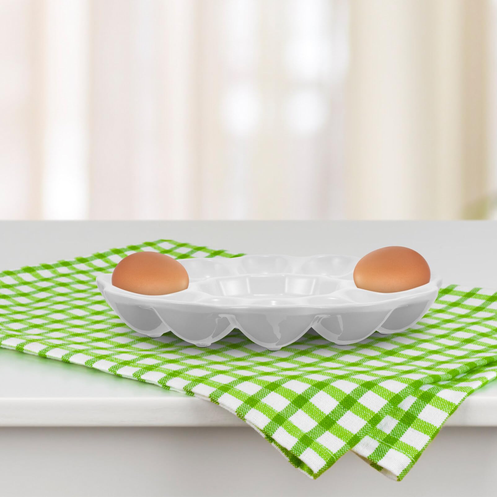 Ceramic Deviled Egg Platter Tray - 8 Inch Serving Dish Holds 12 Hard Boiled Eggs - Elegant Catering Display for Parties, Picnics & Holiday Gatherings