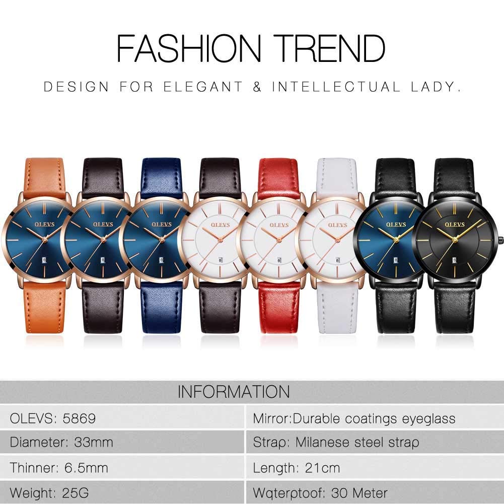 OLEVS Women's Waterproof Analog Quartz Watch - Ultra Thin Blue Leather Strap with Date Calendar - Elegant Wristwatches for Women - Perfect Gift for Her, Ideal for Office, Party & Everyday Wear
