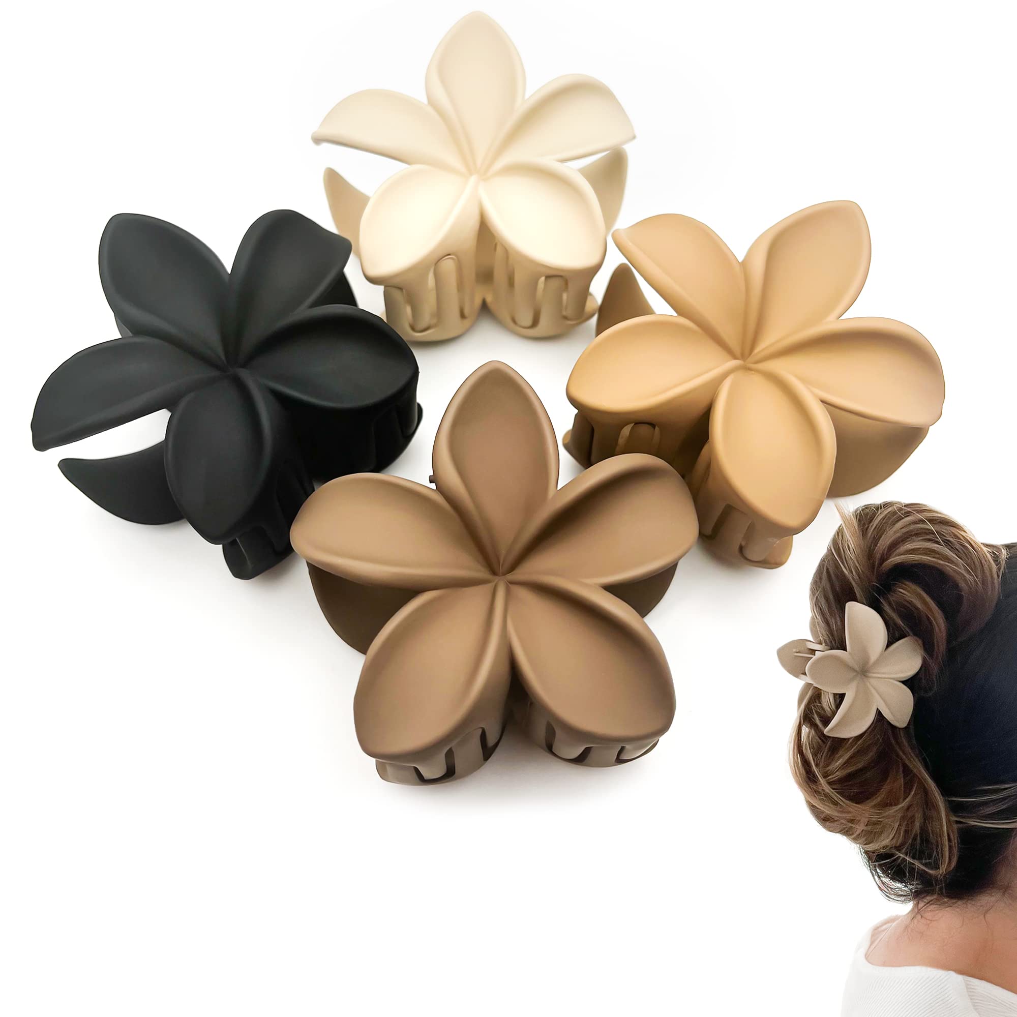 4-Piece Non-Slip Matte Flower Hair Clips for Women - Strong Hold for Thick & Thin Hair - Neutral Floral Claw Clips Variety Set with Plumeria Design - Perfect for Everyday Wear, Work & Special Occasions