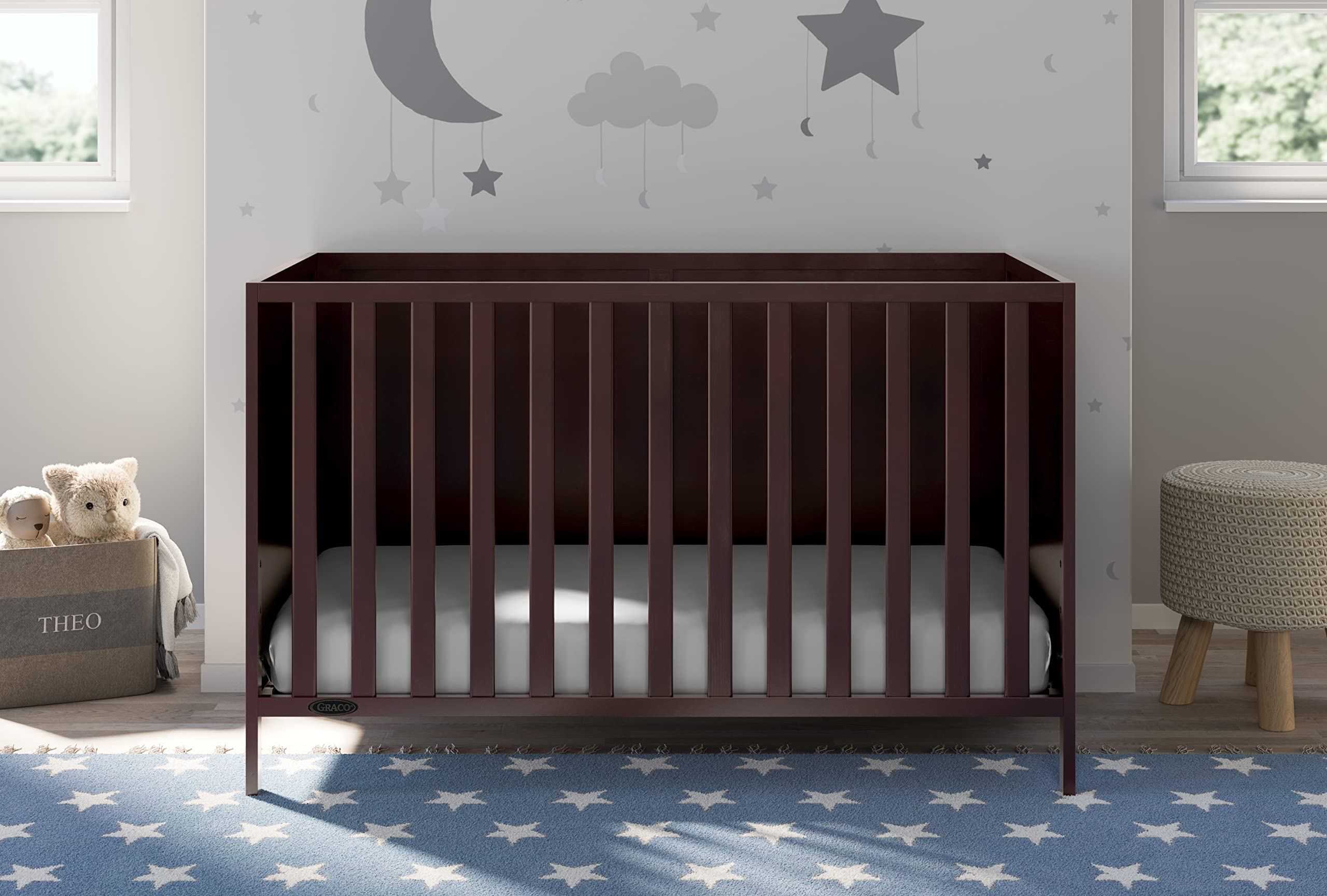 Graco Theo 3-in-1 Convertible Crib (Espresso) - GREENGUARD Gold Certified for Safe Nursery | Converts to Toddler Bed & Daybed | 4 Adjustable Mattress Heights | Fits Standard Full-Size Crib Mattress | Perfect for Baby's First Bedroom & Growing Toddlers
