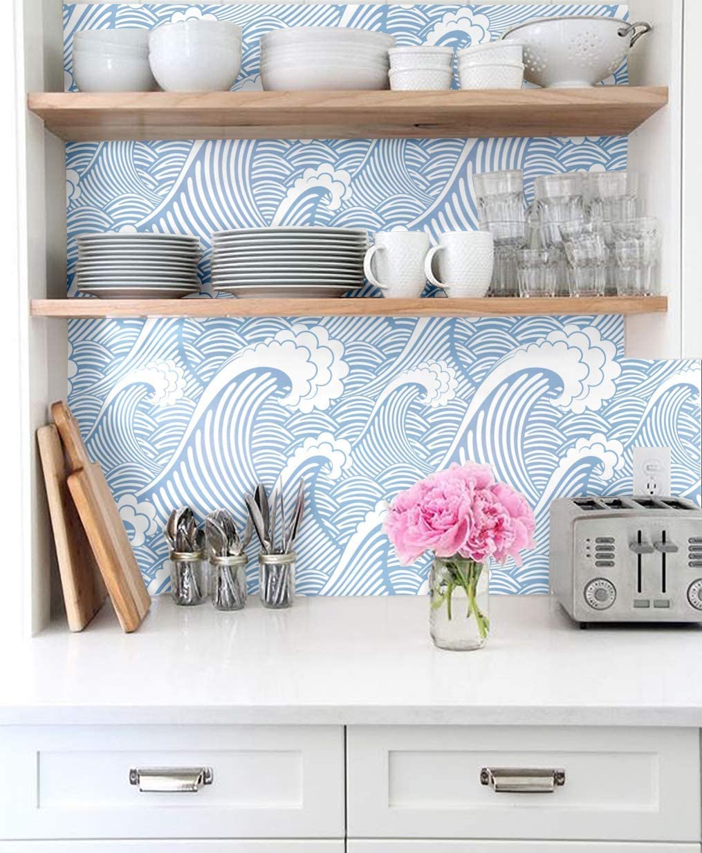 Non-Slip Adhesive Shelf Liner - Waterproof Peel & Stick Drawer Organizer for Kitchen Cabinets, Bathroom, Dresser | Sea Waves Pattern | Easy to Clean Contact Paper for Home Organization & DIY Furniture Decoration