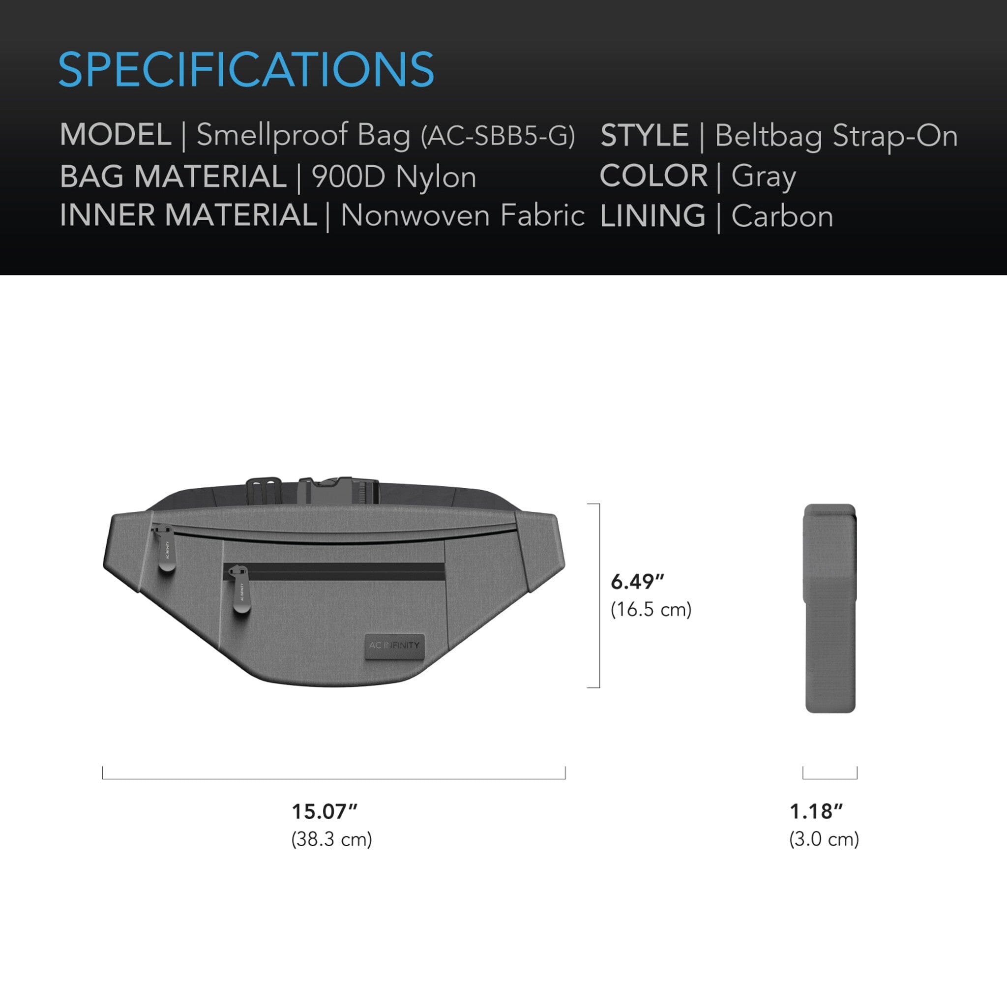 **Smell Proof Belt Bag - Gray 900D Nylon with Carbon Filter Lining - Perfect for Travel, Hiking, and Outdoor Activities**