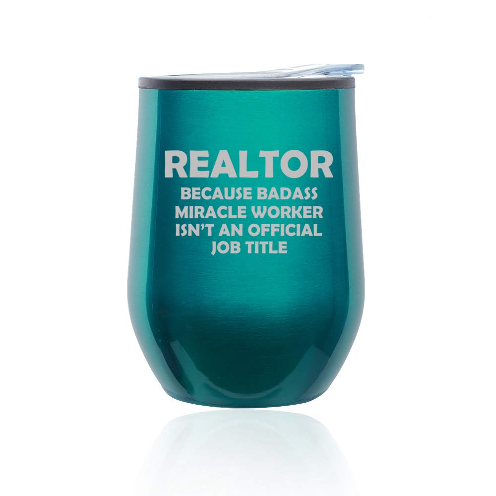 Insulated Stemless Wine Tumbler & Coffee Travel Mug with Lid - 16oz Shatterproof Glass Cup for Realtors, Real Estate Agents & Brokers - Funny Job Title Gift (Turquoise Teal) - Perfect for Office, Commuting & Client Meetings