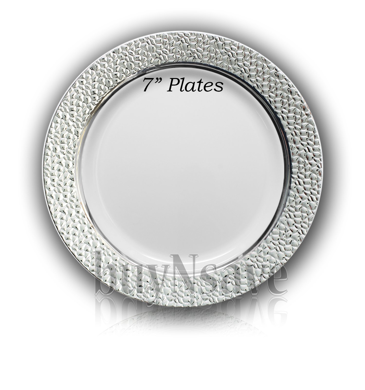Elegant Heavyweight Plastic Disposable Plates - White & Silver Hammered Collection (40-Pack, 7