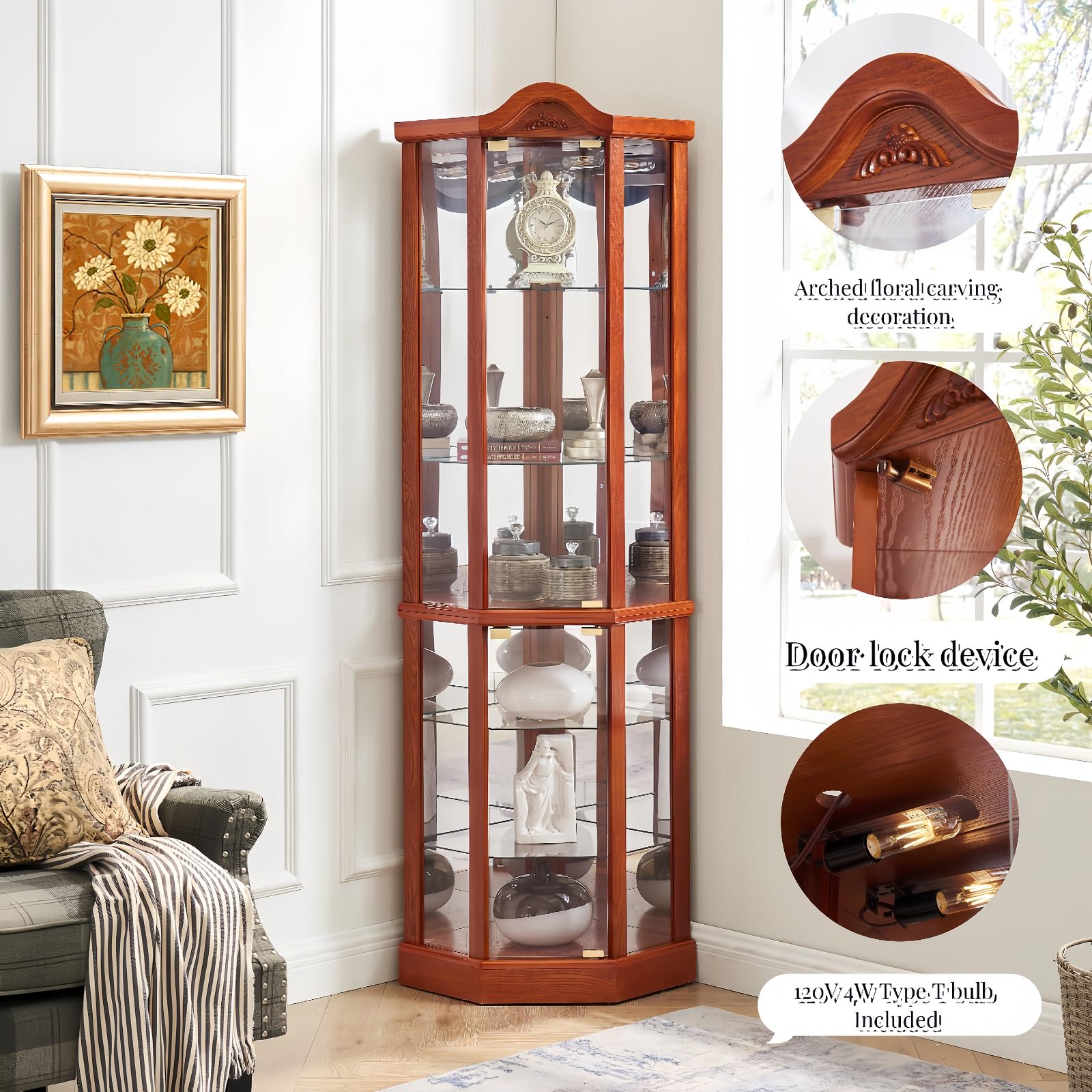Oak Curio Cabinet with Glass Doors & LED Lights - 3-Side Glass Display Cabinet with 6 Adjustable Shelves - Perfect for Living Room, Dining Room, or Office Corner Display (Antiques, Collectibles & Home Decor)