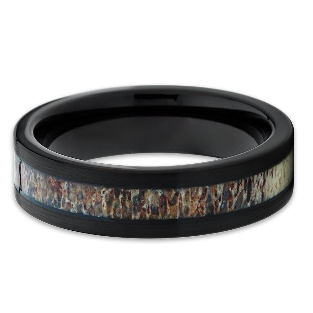6mm Black Tungsten Wedding Ring with Deer Antler Inlay - Comfort Fit Anniversary Band for Men & Women - Unique Natural Design for Everyday Wear & Special Occasions