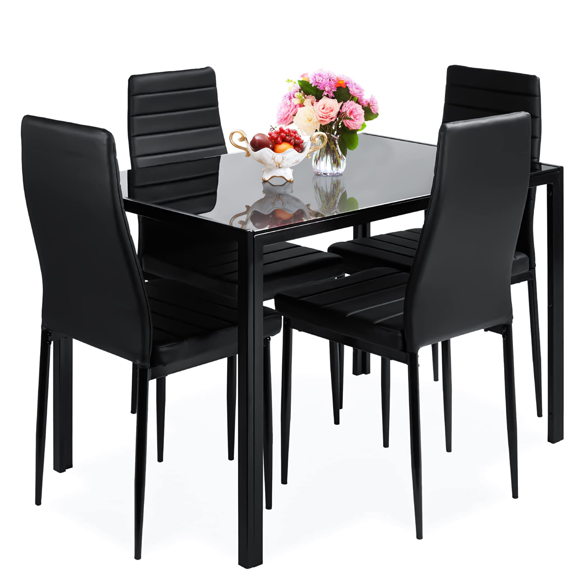 5-Piece Black Tempered Glass Dining Table Set with 4 Faux Leather Chairs - Easy Assembly for Kitchen & Small Spaces | Perfect for Family Meals & Dinner Parties