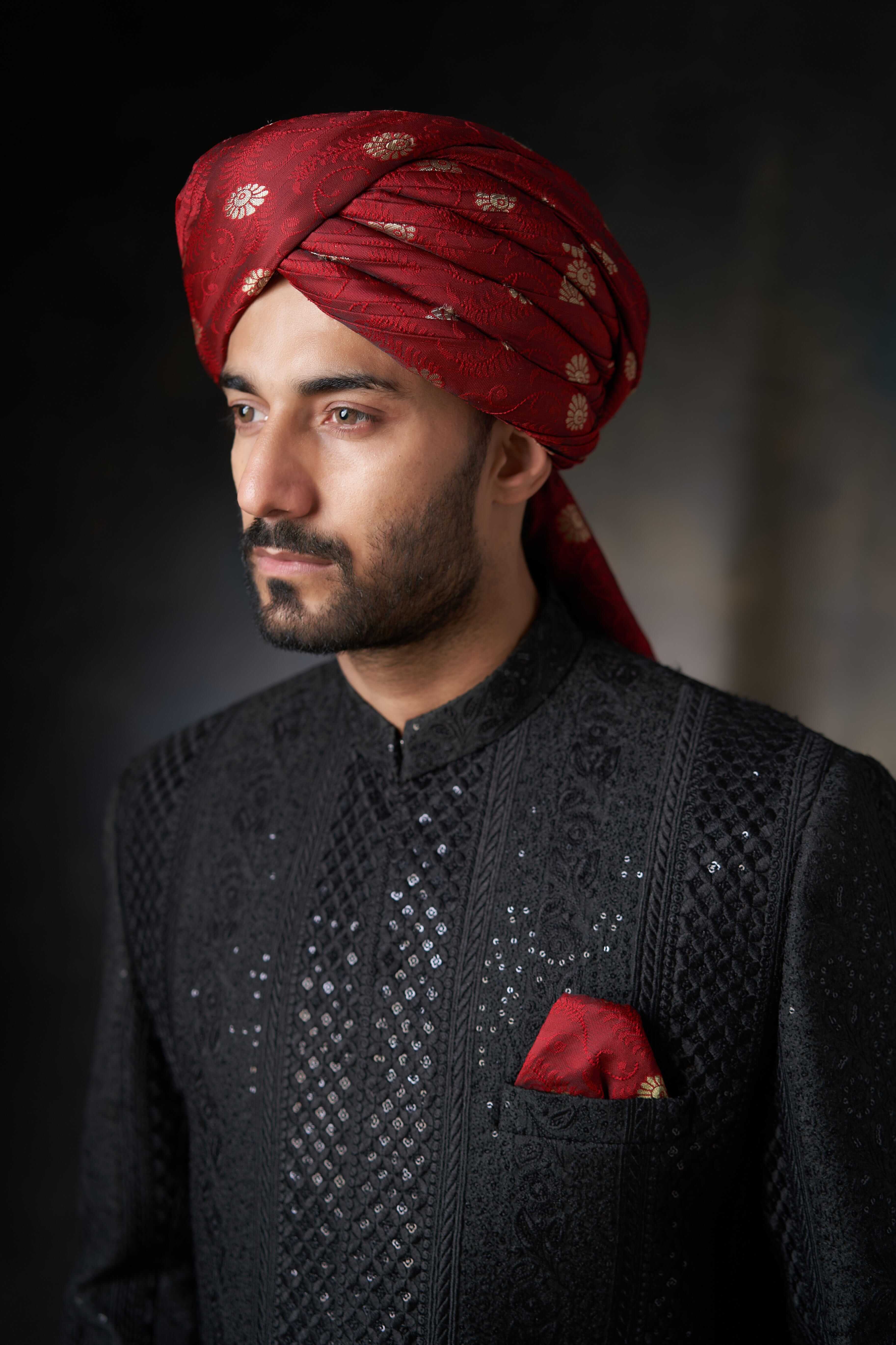 Jet Black All Sequins Raw Silk Sherwani for Men | Elegant Indian Wedding Attire | Perfect for Groom Outfit, Festive Occasions & Special Events