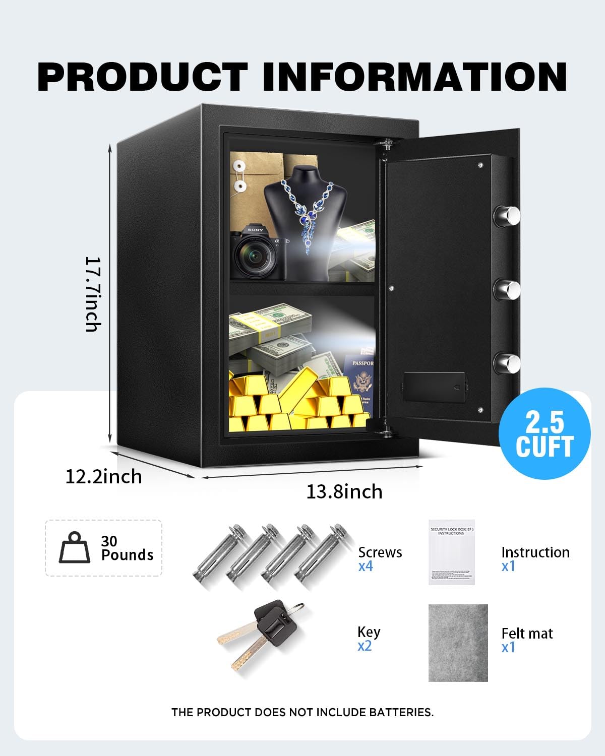 2.5 Cu Ft Steel Electronic Digital Safe Box with LED Sensor Light & External Power - Home & Office Security for Documents, Money, Jewelry & Valuables - Ideal for Bedroom, Closet & Business Use