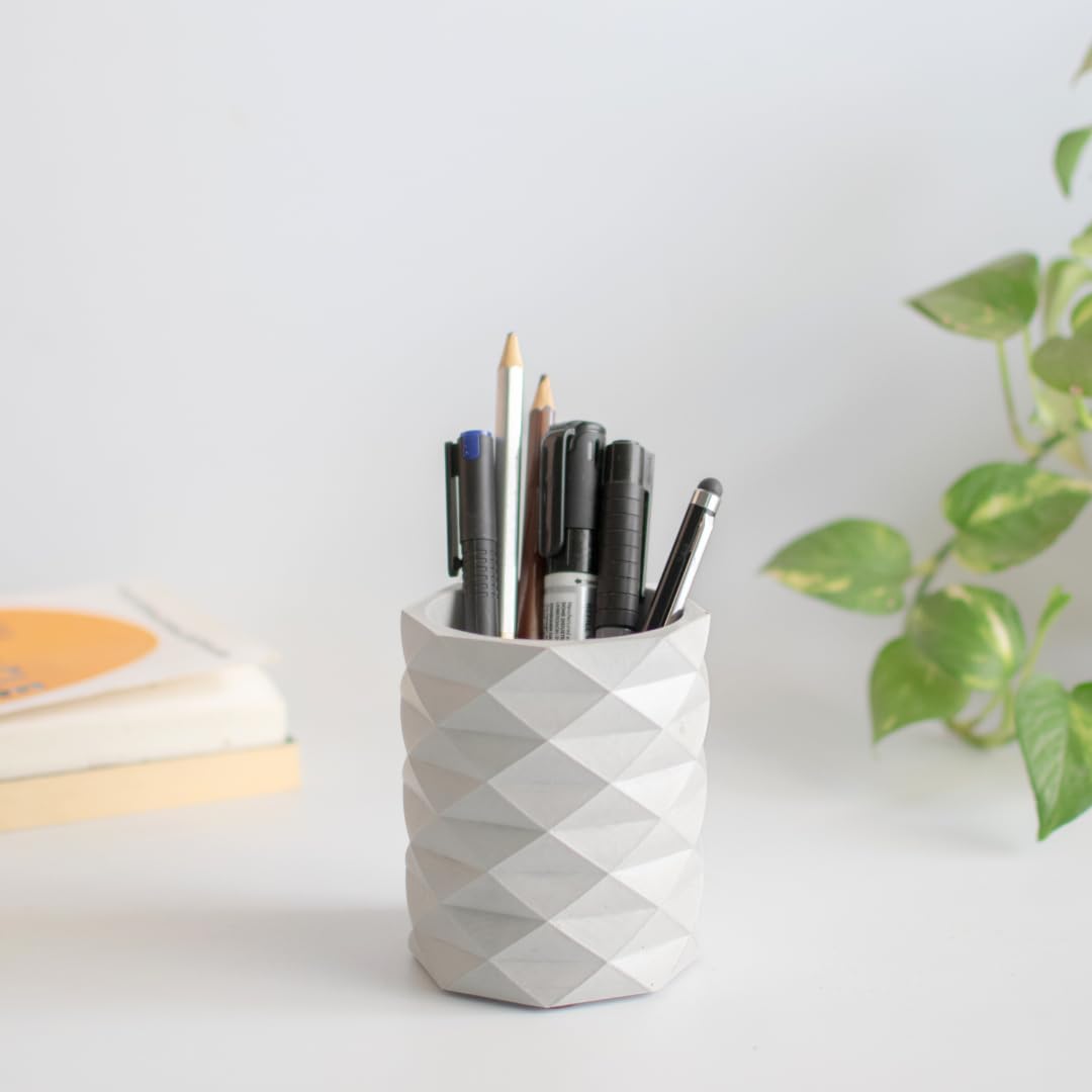 Dwell Dapper Geometric Concrete Toothbrush Holder - Handcrafted Multi-Purpose Organizer for Bathroom & Office (Pen Holder, Remote Control Stand) - Modern Grey Home Decor for Countertop & Desk Organization