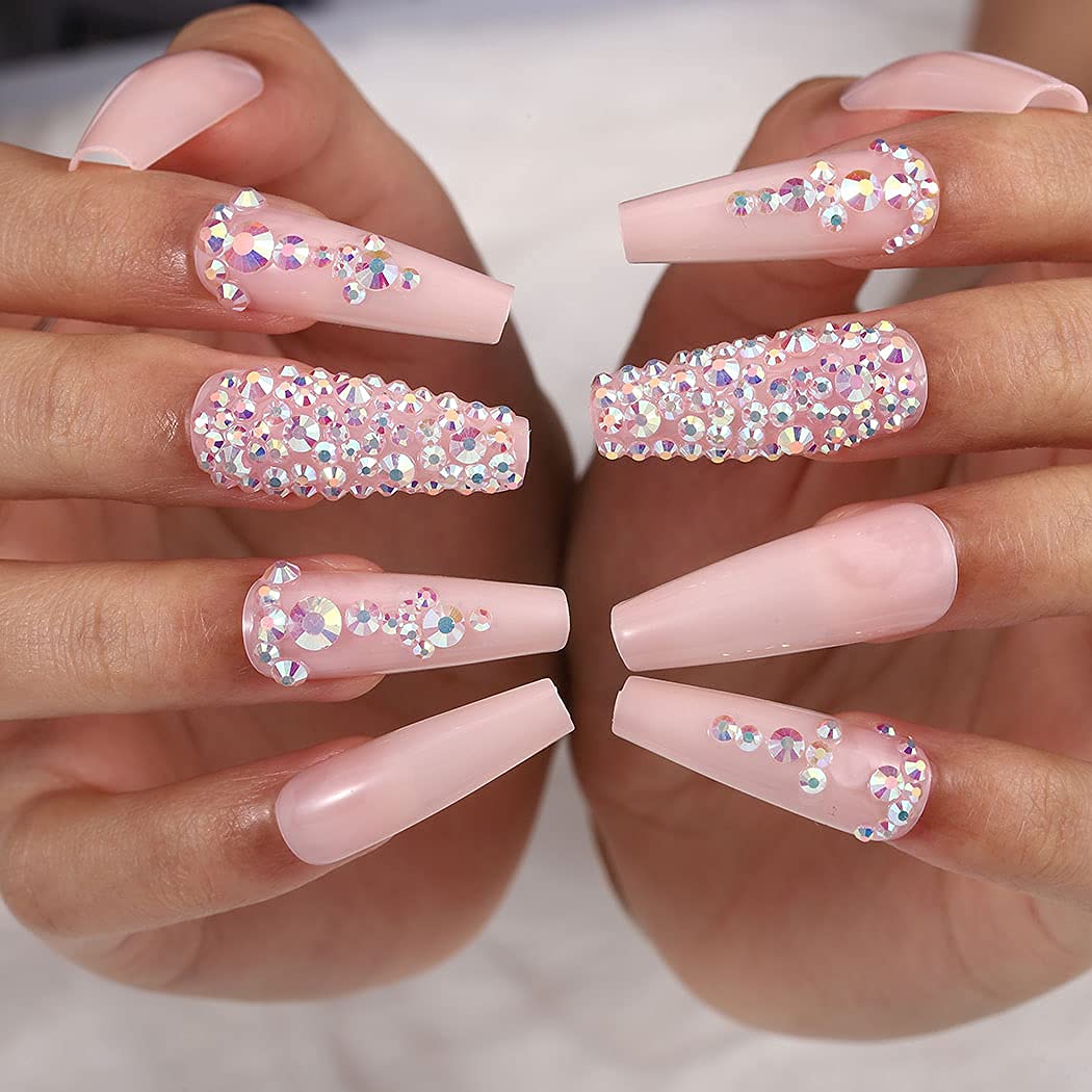 Long Crystal Press-On Nails - Nude Coffin Glossy Fake Nails with 3D Bling & Rhinestones | Ballerina False Nails Set for Women & Girls (24Pcs) | Perfect for Parties, Weddings & Special Occasions