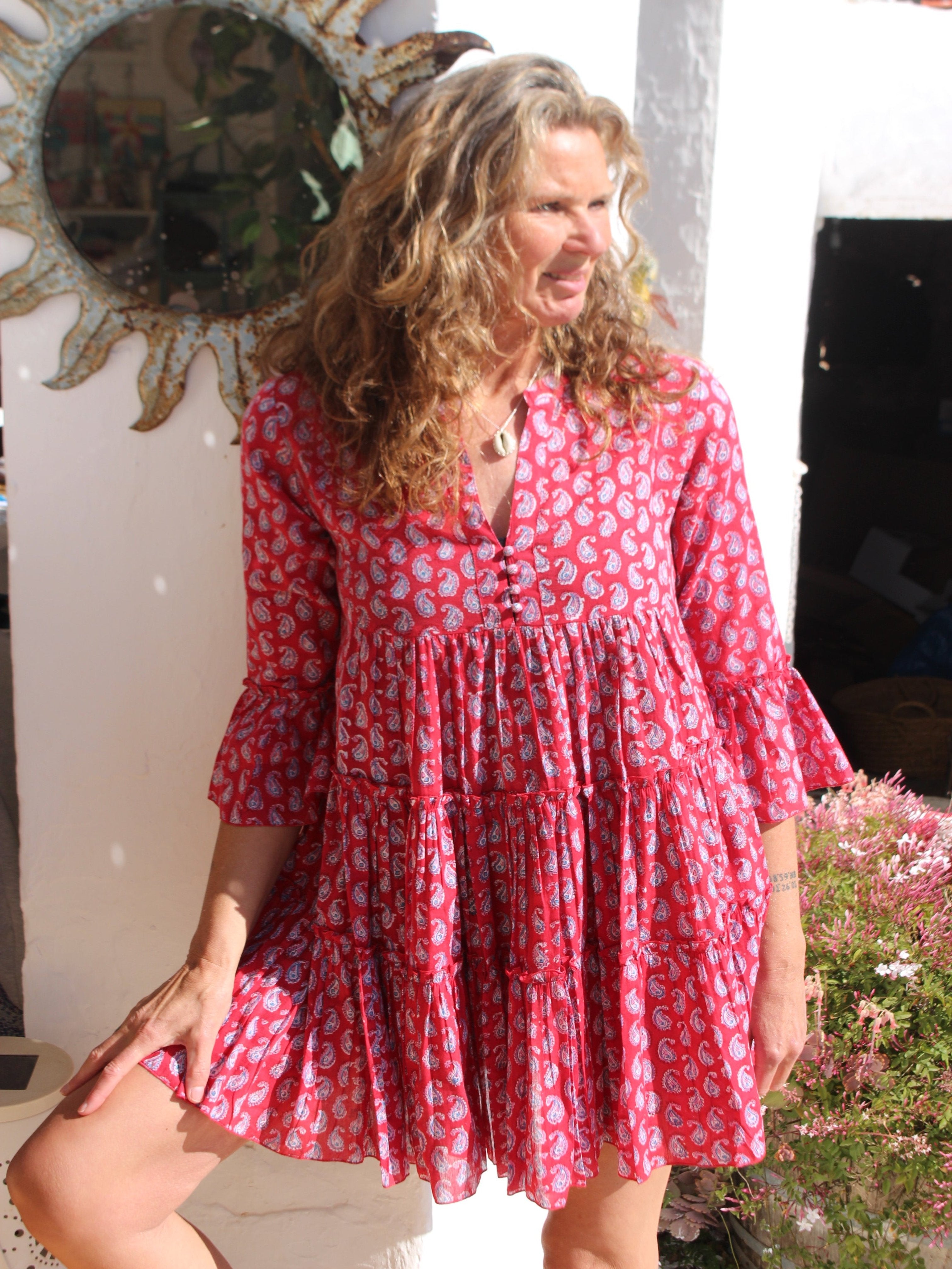 Stylish Red Paisley Geo Print Short Dress - Perfect for Summer Outings, Beach Vacations & Casual Dates