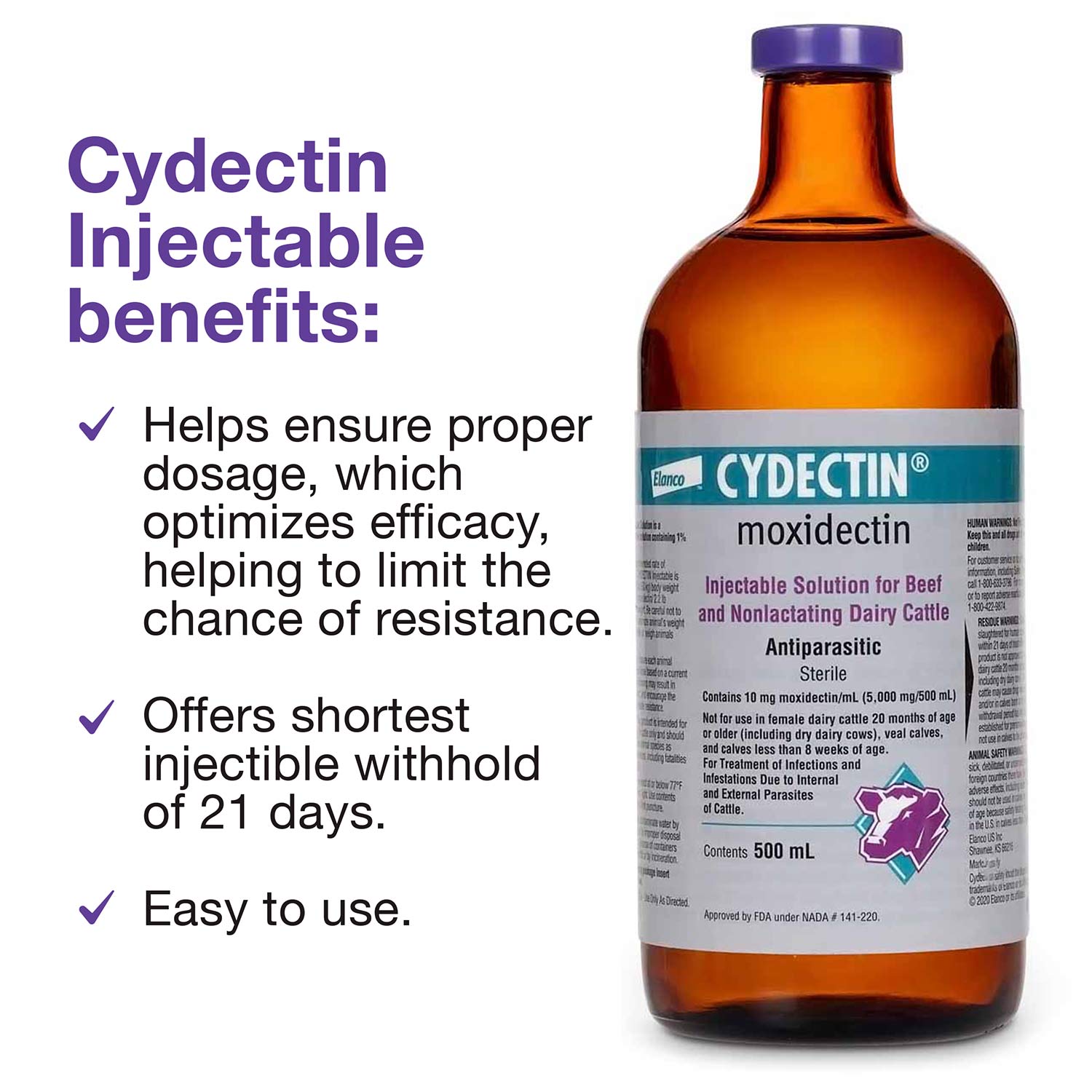 Cydectin Injectable Cattle Dewormer for Parasite Control - 500 mL - Effective Treatment for Worms in Beef & Dairy Cattle - Ideal for Farm and Ranch Use