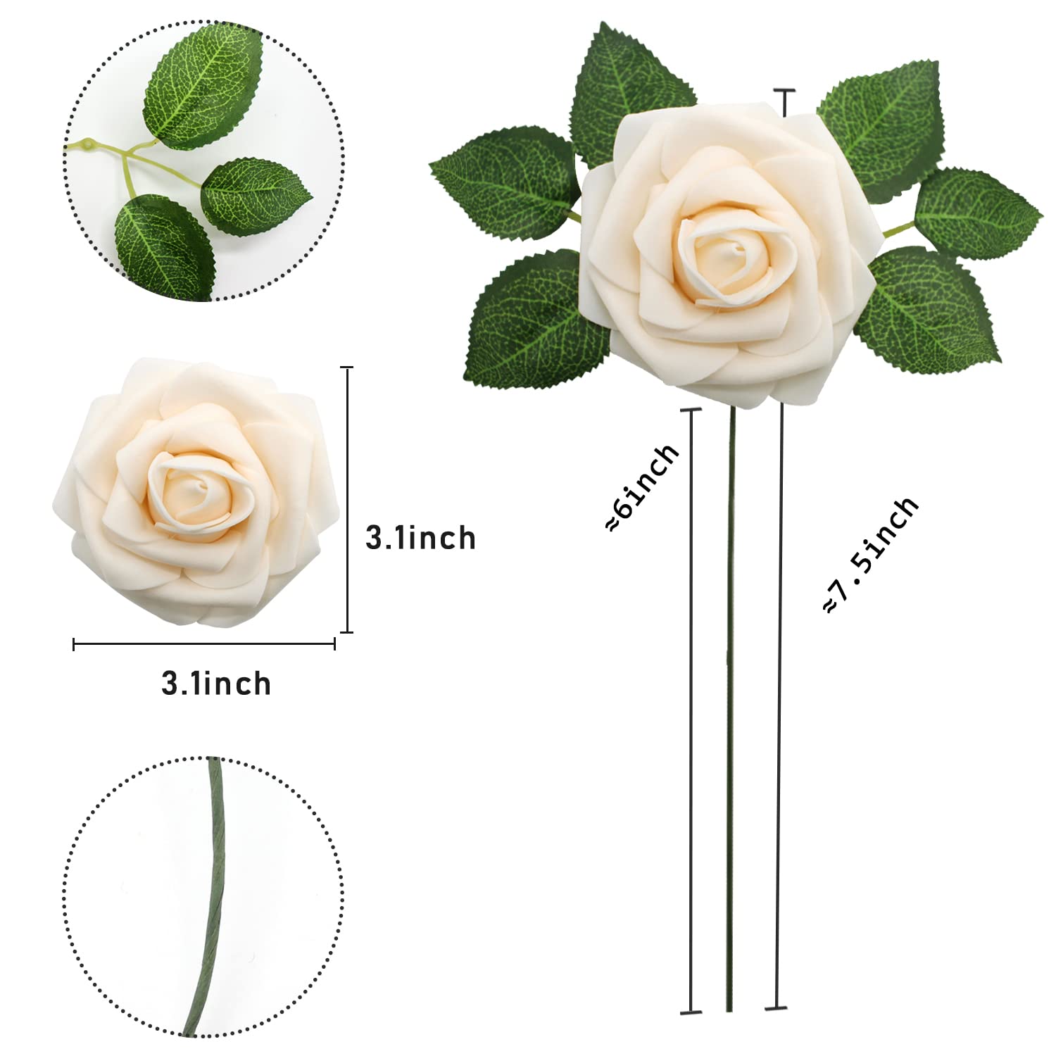 Realistic Foam Roses 50pcs - Champagne Fake Flowers for Wedding Bouquets & Party Decor