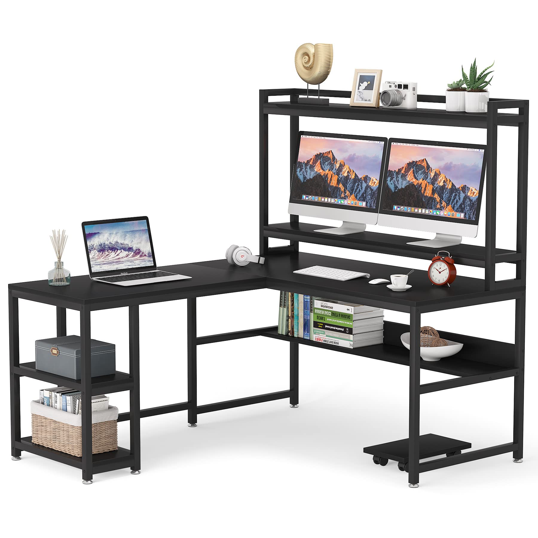 Tribesigns 59 Inch L-Shaped Computer Desk with Hutch - Corner Office Desk with Storage Shelves, Bookshelf & Monitor Stand - Black Workstation for Home Office, Gaming & Study (Space-Saving Design for Small Rooms)