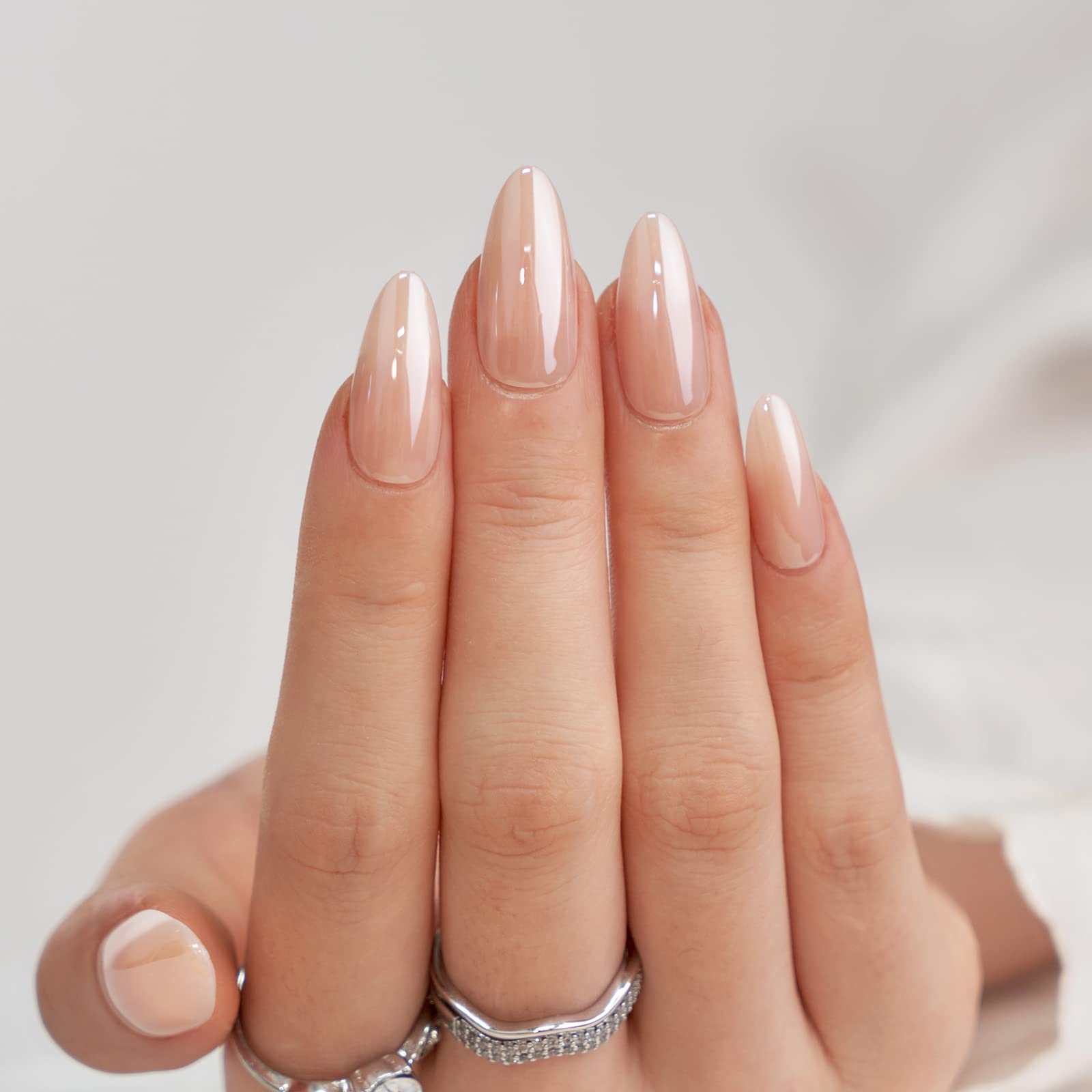 BTArtbox Soft Gel Almond Press On Nails Short & Medium - Salon Quality Fake Nails with No Fade Out, Seamless Glue On Nails for Women - Champagne Glazed & White French Manicure - Perfect for Parties, Weddings & Everyday Wear
