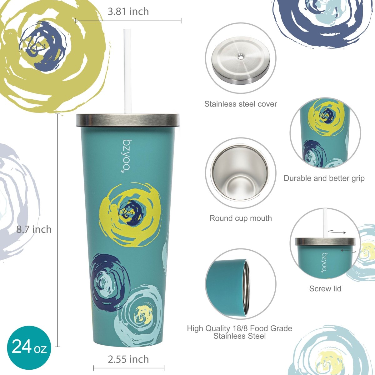 24oz Double Wall Vacuum Insulated Stainless Steel Tumbler with Straw Lid - Green Cyclone | Leakproof Travel Mug for Hot & Cold Drinks | Perfect for Gym, Office, Hiking & Outdoor Activities