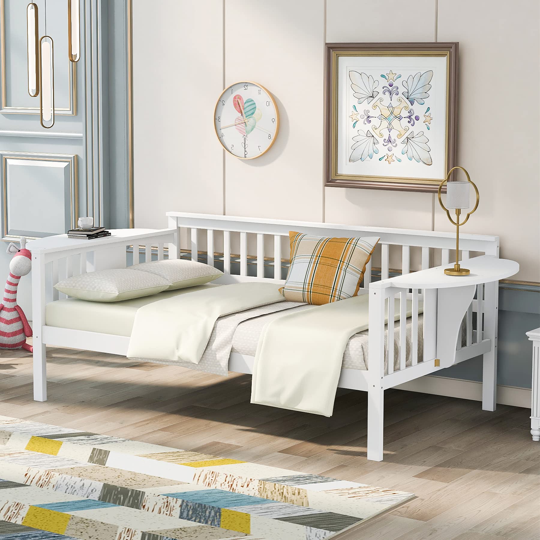 Harper & Bright Designs White Twin Size Wooden Daybed Frame with Foldable Table & Wood Slat Support - No Box Spring Needed - Perfect for Small Spaces, Guest Rooms & Dorm Rooms
