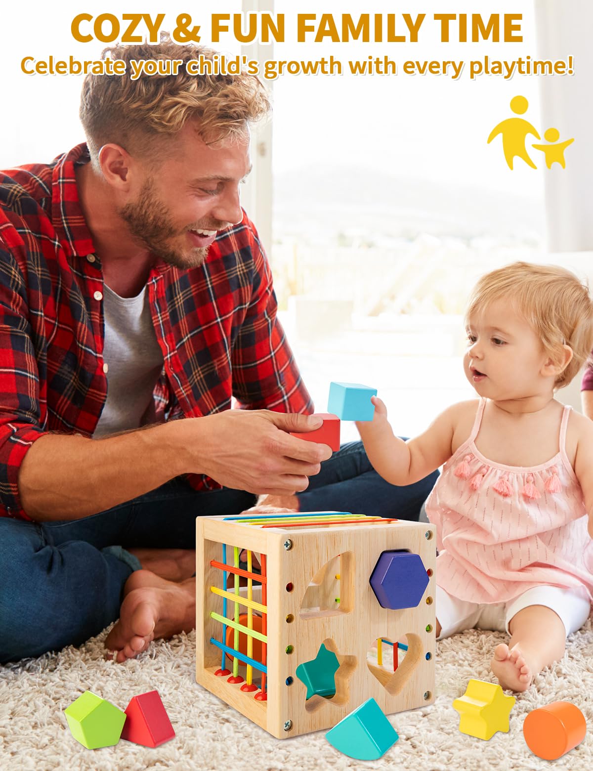 Montessori Wooden Shape Sorter Toy for Toddlers - 8-Piece Rattling Blocks Educational Learning Cube for Baby Boys & Girls | Perfect for Early Childhood Development & Sensory Play