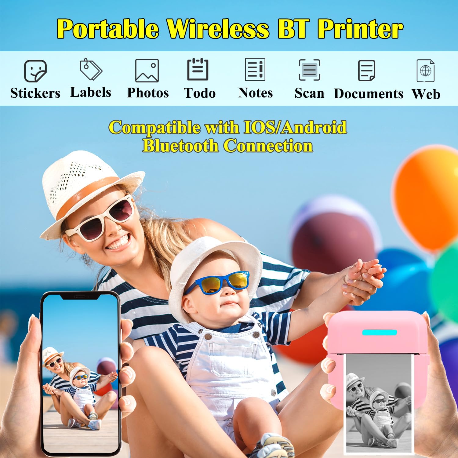 Mini Portable Inkless Sticker Printer - Wireless Thermal Printer for iPhone & Android with 12 Rolls Paper - Print Notes, Photos, Labels & Receipts - Perfect for Home, Office, School & Travel (Pink)