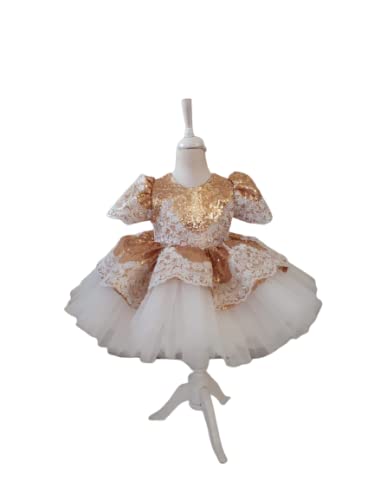 Golden Sequin Baby Dress with White Lace - Formal Tutu Gown for Birthday, Photography & Christmas (3-6 Months) | Perfect for Special Occasions, Photo Shoots & Holiday Celebrations