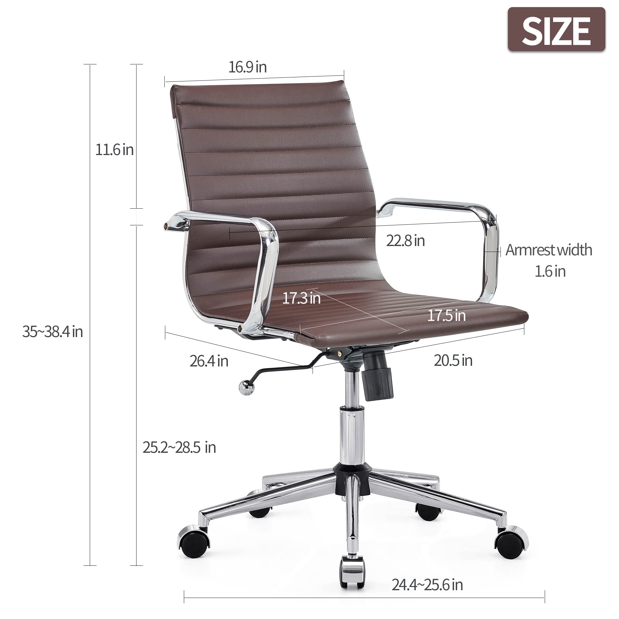Ergonomic Leather Office Chair - Modern Swivel Executive Desk Chair with Ribbed Design for Home Office & Conference Room - Comfortable Rolling Task Chair for Computer Work & Long Hours Sitting