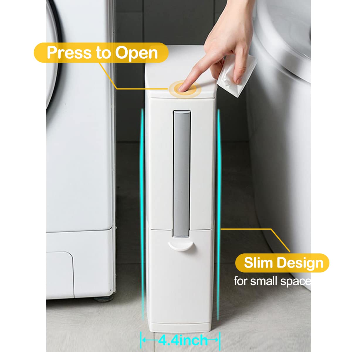 3-in-1 Slim Bathroom Trash Can with Pop-Up Lid & Built-in Brush Holder - 5 Liter Modern Rectangular Waste Bin for RV, Home, or Office - Press Top White/Ivory Garbage Can for Bathroom, Kitchen & Small Spaces