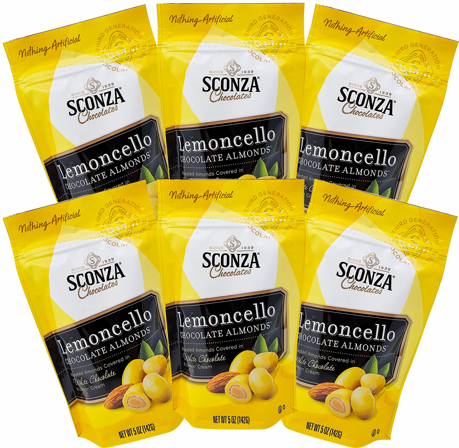 Nutic Sconza Lemoncello White Chocolate Covered Almonds - 6 Pack (5 Oz Bags) | Roasted Almonds with Lemon Creme Candy Coating | Gourmet Gift Snack for Parties, Holidays & Office Treats