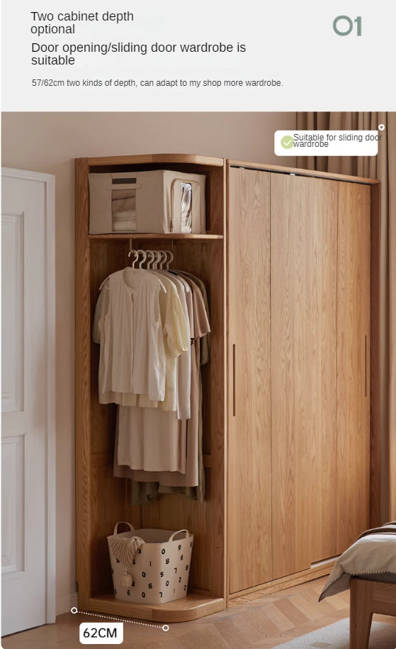 Solid Oak & Cherry Wood Modern Corner Wardrobe - Triangle Floor Standing Closet for Bedroom, Living Room, and Office Storage