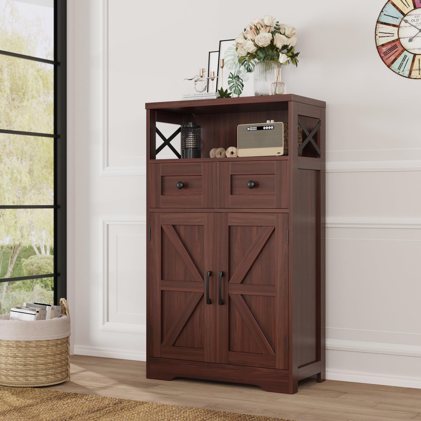 Dark Brown Storage Cabinet with Drawers and Shelves - Standing Kitchen Pantry Organizer, Floor Storage Hutch Cupboard for Coffee Bar Station | Perfect for Dining Room, Living Room & Home Office Organization