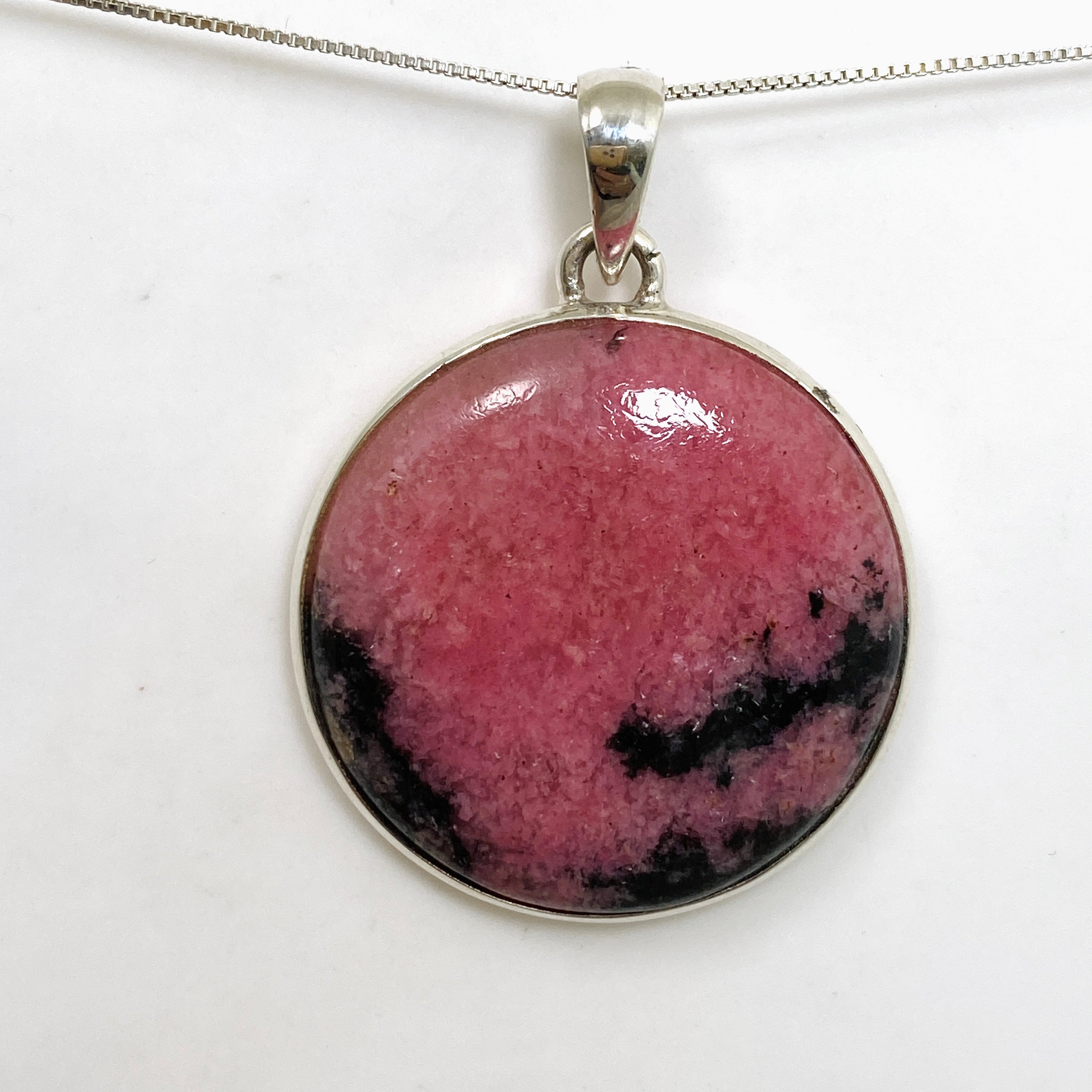Natural Rhodonite Round Cabochon Pendant - 925 Sterling Silver Jewelry PPGJ1057 for Healing, Meditation & Spiritual Gifts