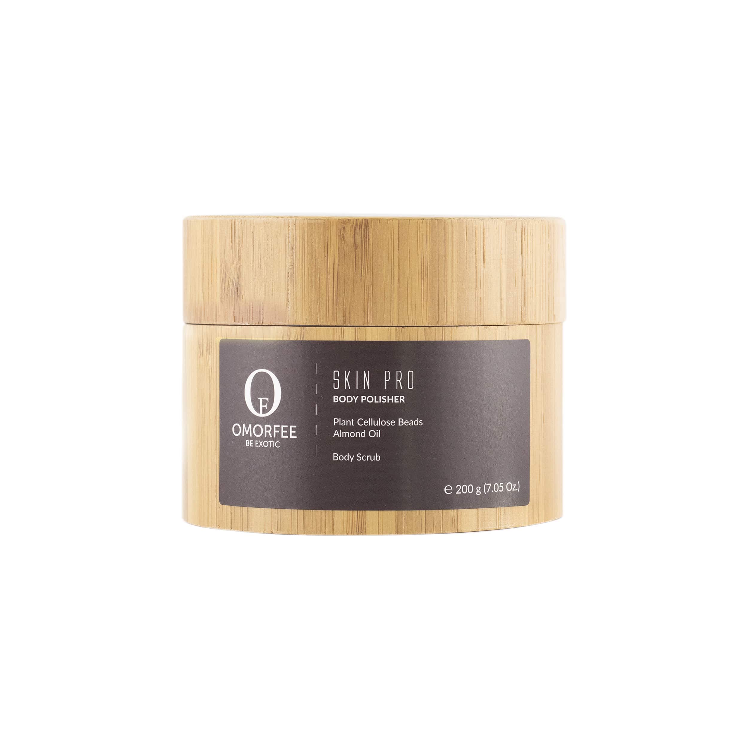 OMORFEE Organic Skin Pro Body Polisher - Exfoliating Body Scrub with Mango Butter, Almond Oil & Vitamin E | Natural Plant Cellulose Beads | 200g (7.05oz) | For Smooth, Glowing Skin - Perfect for Spa Day & Post-Workout Refreshment