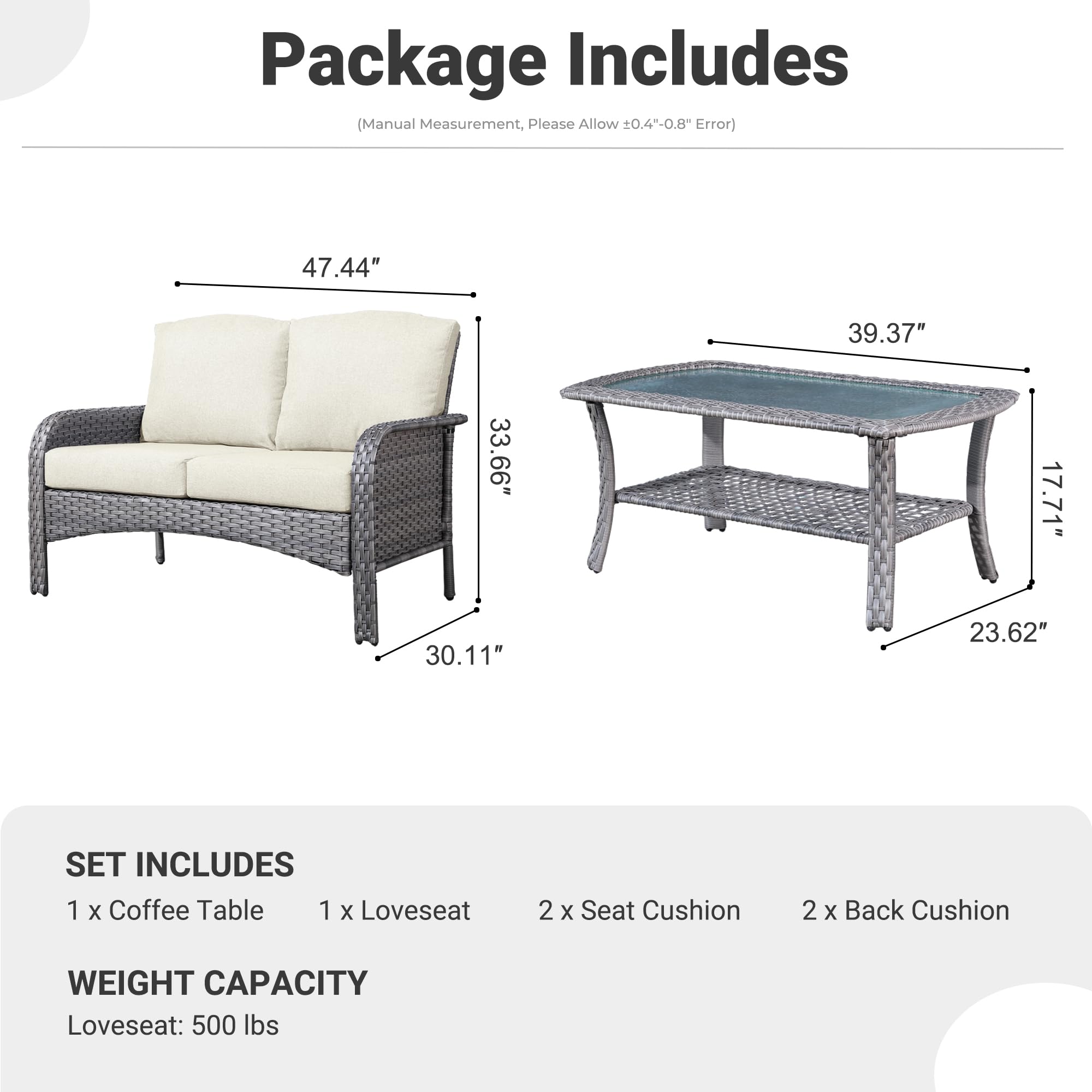Ovios 2-Piece Patio Furniture Set - Outdoor Wicker Sofa with Glass Coffee Table, All-Weather High Back Rattan Loveseat (2 Seater) with Comfortable Cushions in Beige - Perfect for Garden, Balcony, and Poolside Relaxation