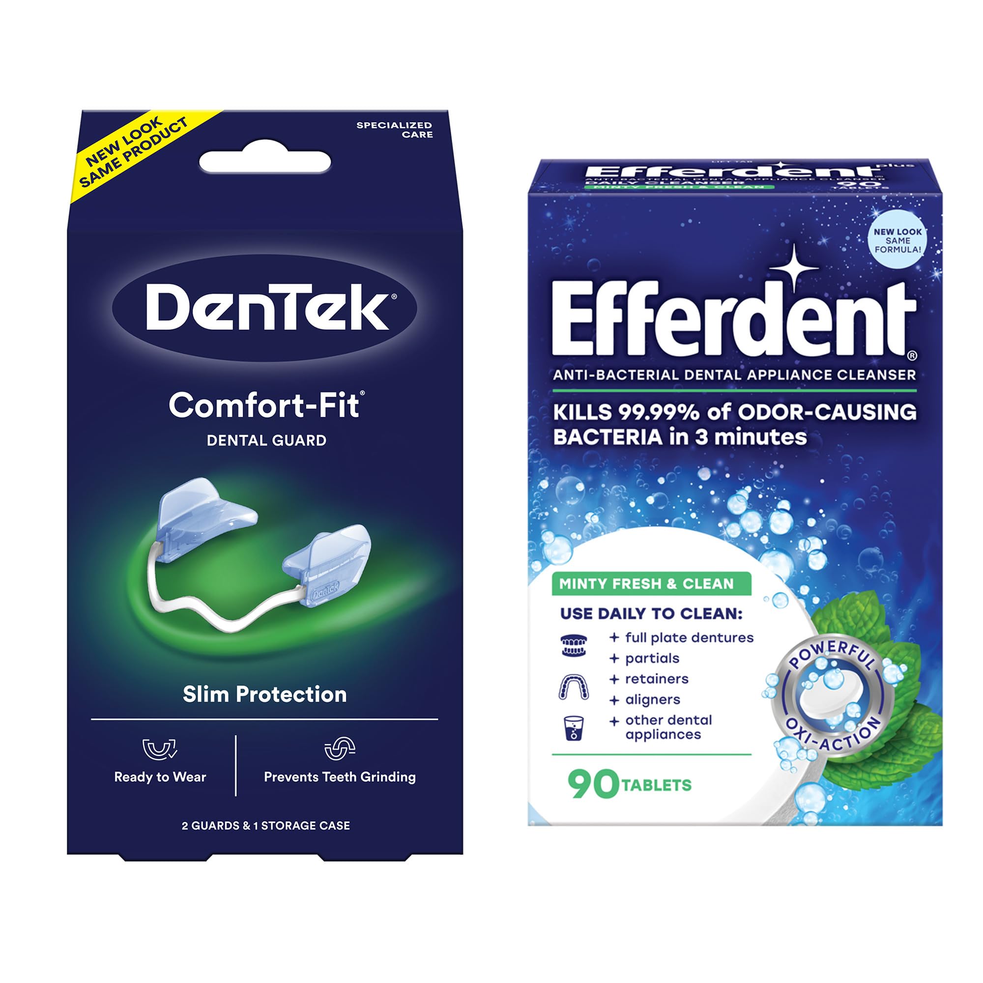 DenTek Comfort-Fit Nighttime Dental Guard for Teeth Grinding & Efferdent Anti-Bacterial Denture Cleanser Tablets (90 Count) - Protect Teeth While Sleeping & Keep Dentures Fresh