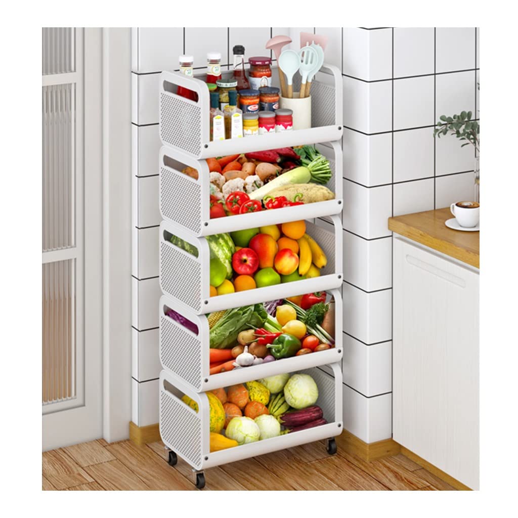 3-6 Tier White Wire Fruit and Vegetable Storage Basket with Wheels - 50x28x120.5cm Kitchen Organizer for Onions, Potatoes, and Produce - Perfect for Pantry, Grocery Storage, and Farmhouse Kitchen Decor