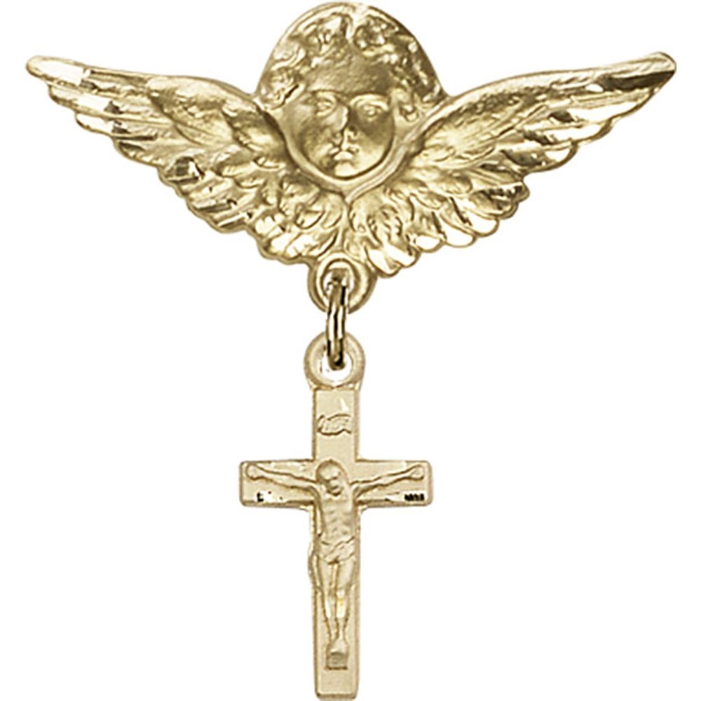 Gold Filled Baby Badge Pin with Crucifix Charm & Angel Wings - 1 1/4 X 1 1/8 Inches - Perfect for Christening Gifts, Baby Showers & Baptism Keepsakes